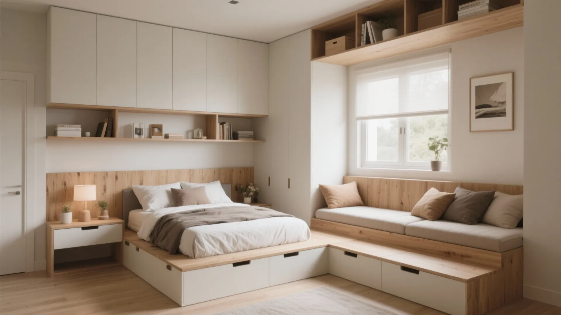 Modern bedroom with wooden platform bed white cabinets integrated seating area window and warm light fixture