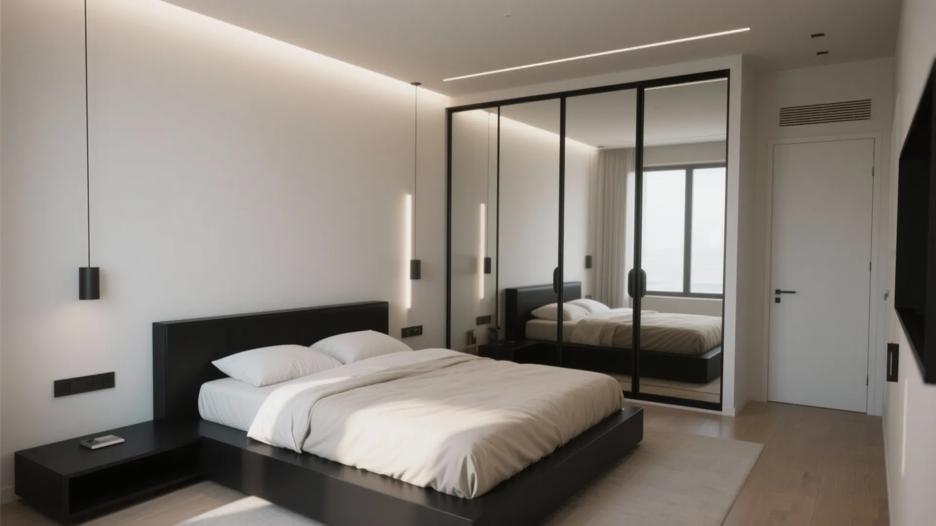 2. Black platform bed plus mirrored wardrobe