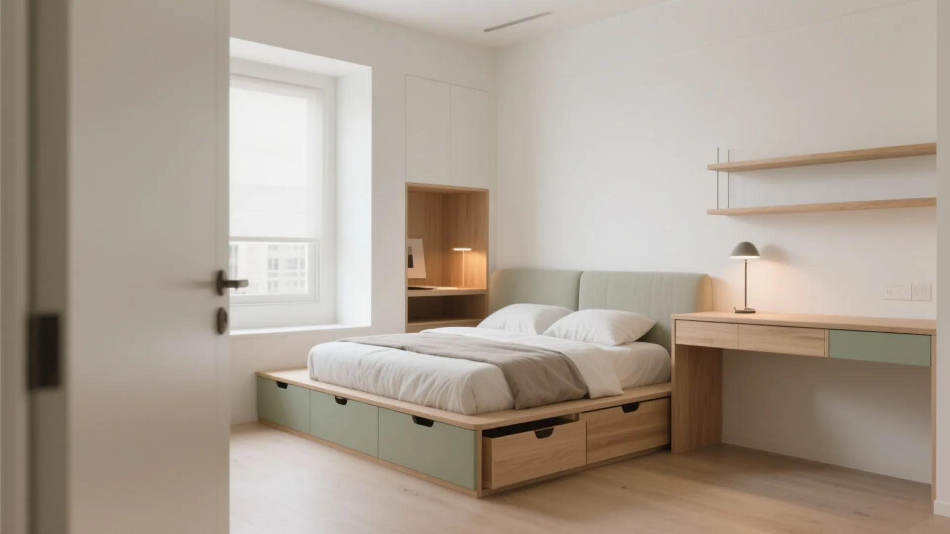 Platform bed with green storage drawers, wooden desk, table lamp, and wall shelves in bedroom