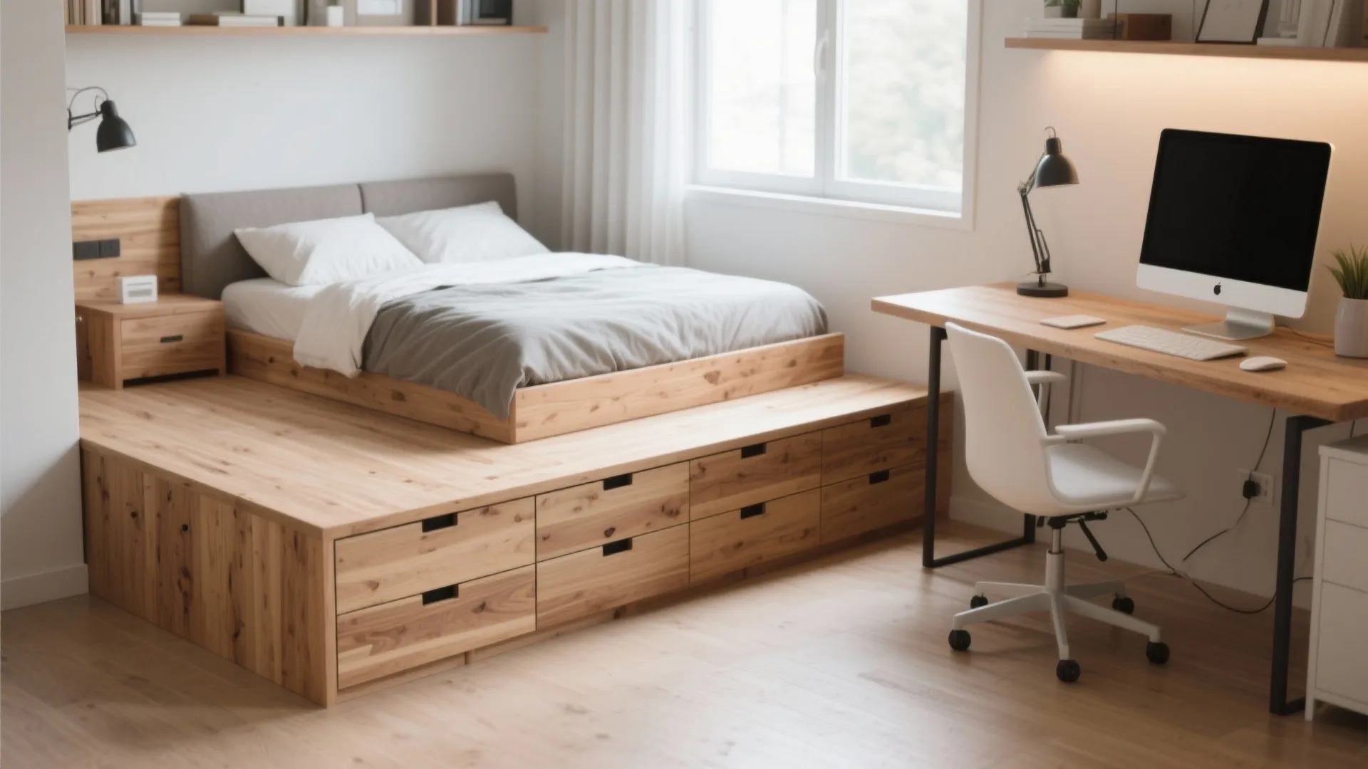 Wooden platform bed with storage drawers placed beside a long wooden desk in a room