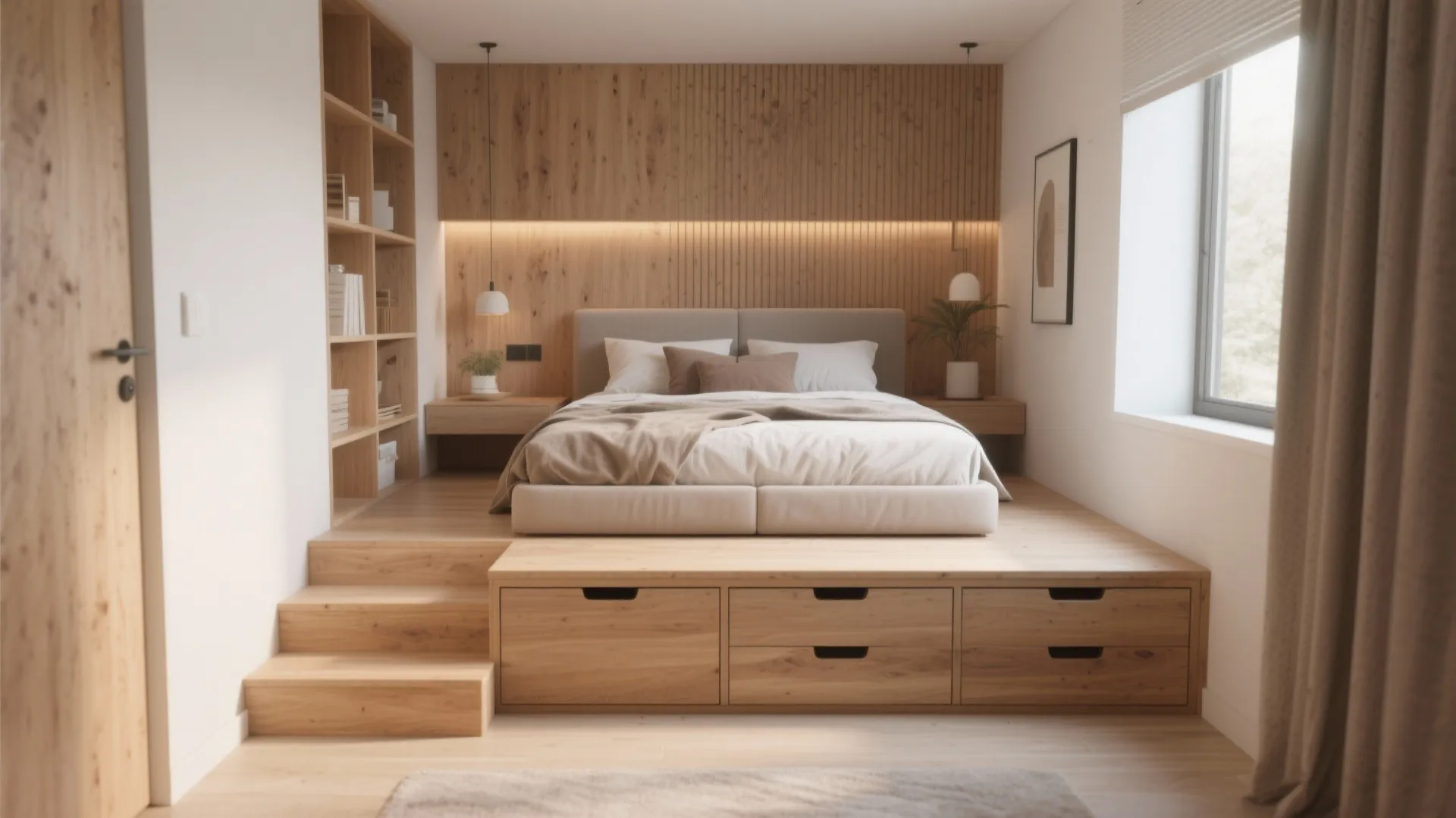 Modern wood platform bed with storage drawers, small steps, wall panel, and built-in bookshelf design