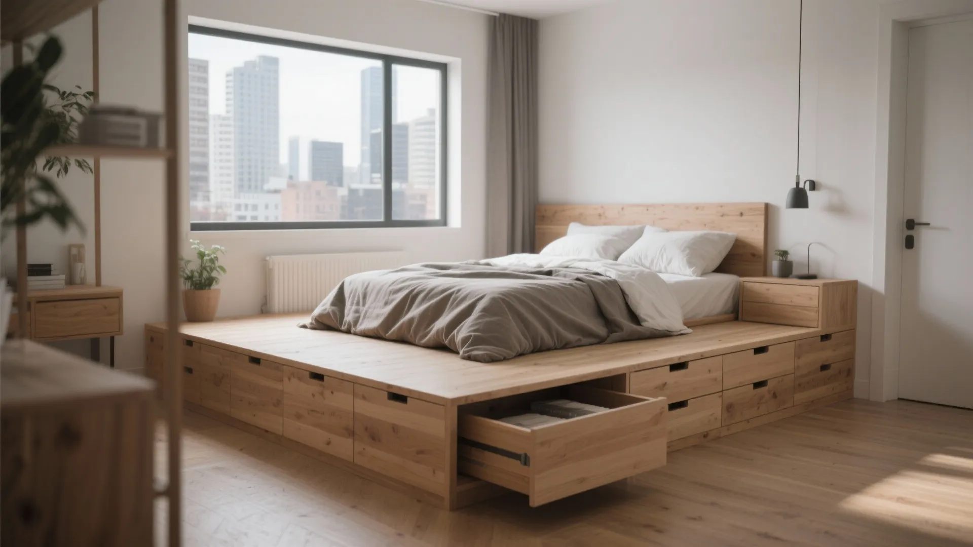Bedroom on raised wooden platform with integrated storage drawers