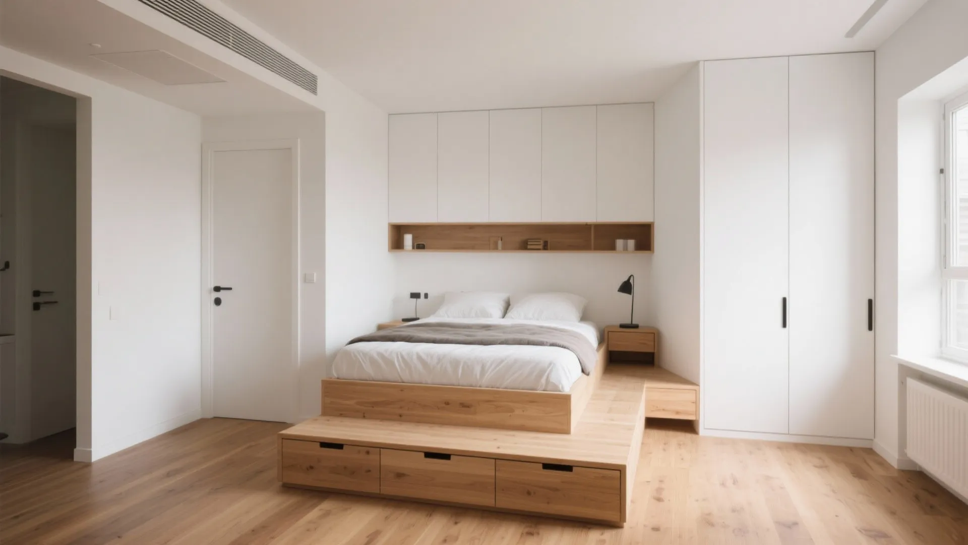 Small apartment with a raised wooden platform bed and storage drawers