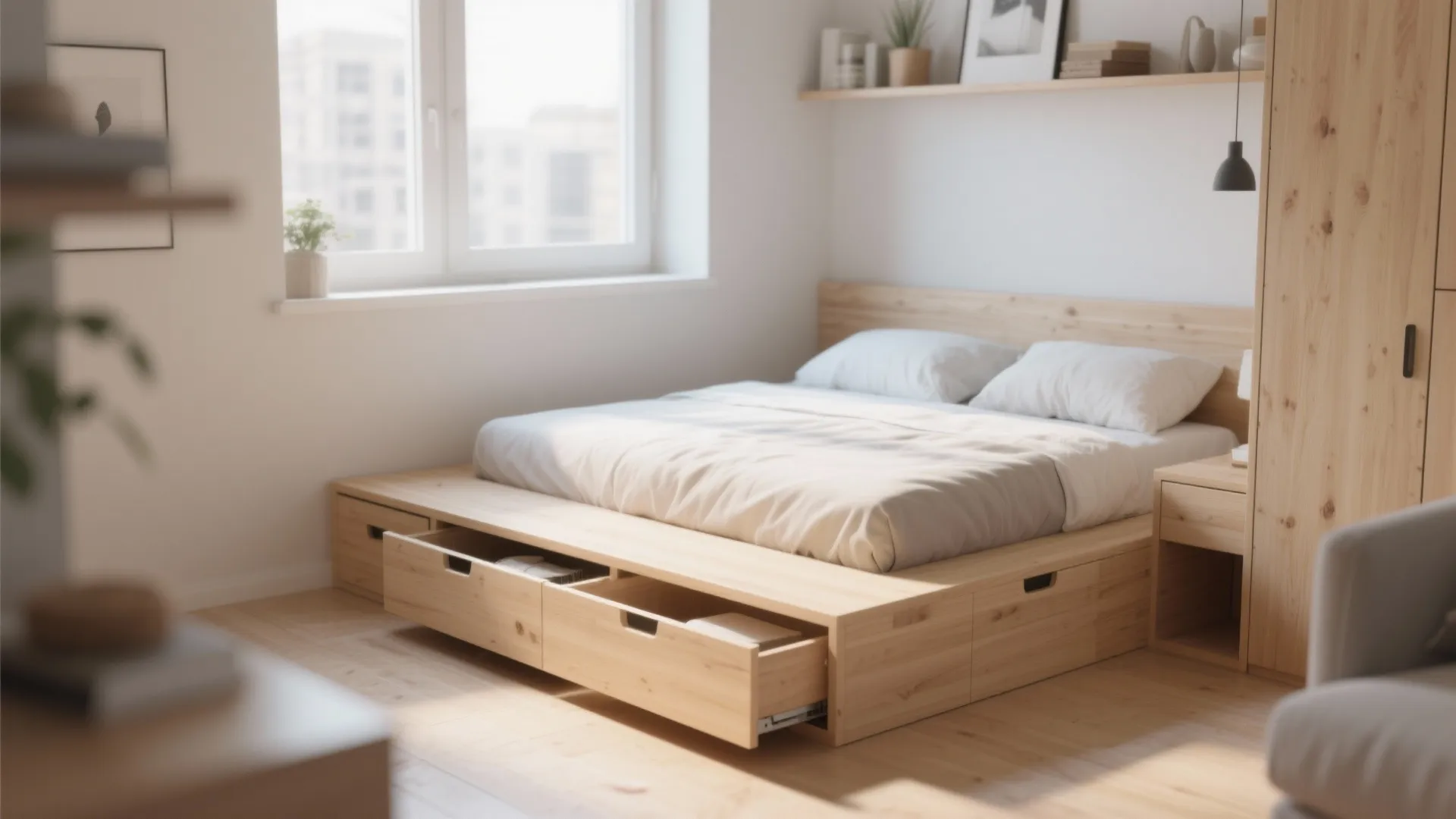 Light wood platform bed with open storage drawers shown in a bright and modern bedroom setting