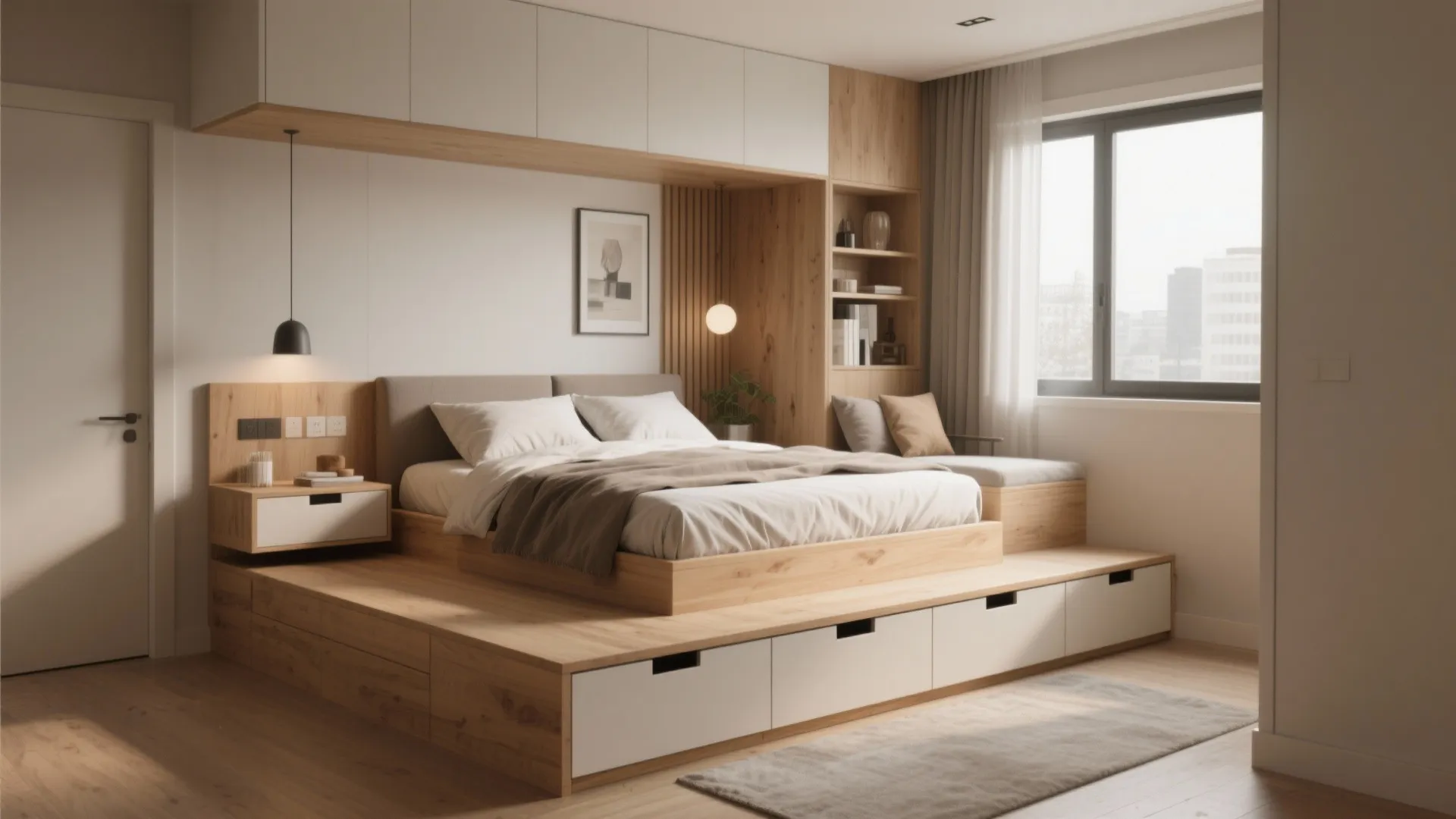 Platform bed with storage drawers in small studio