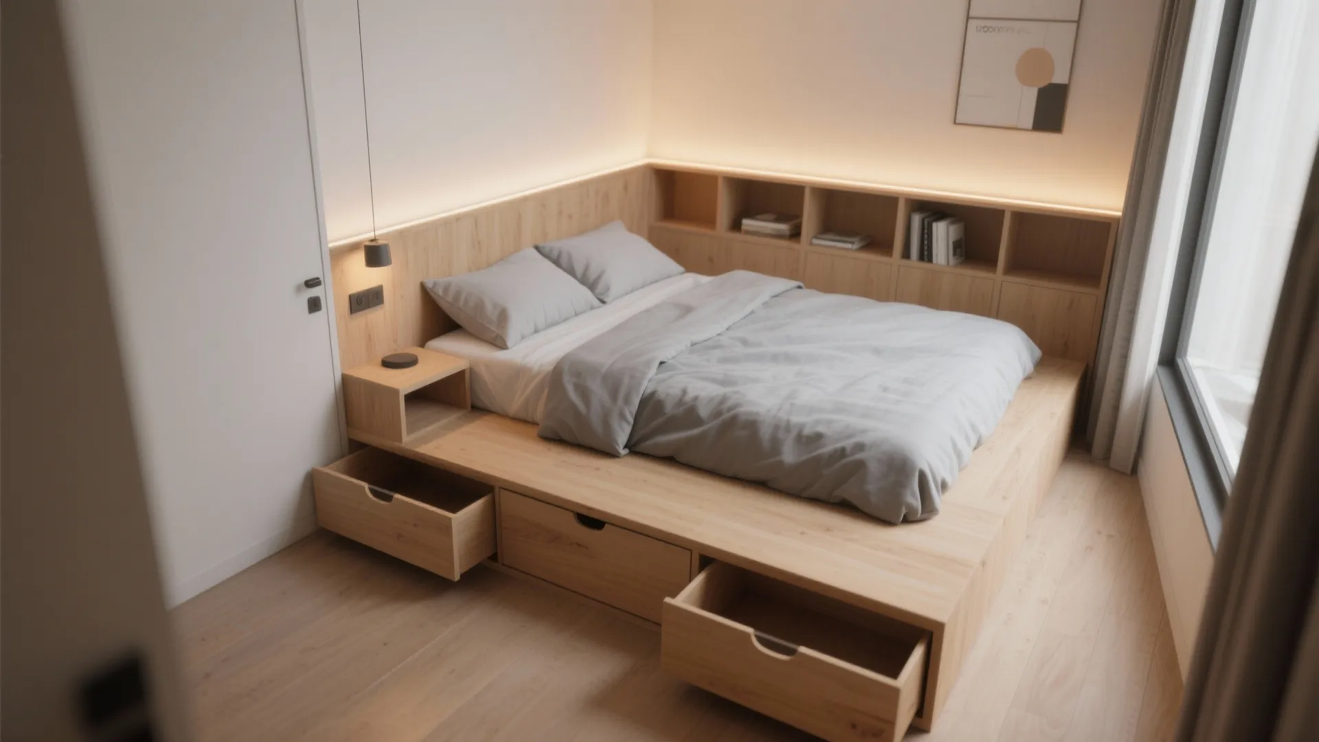 Modern wooden platform bed with grey bedding and open storage drawers in a bright bedroom