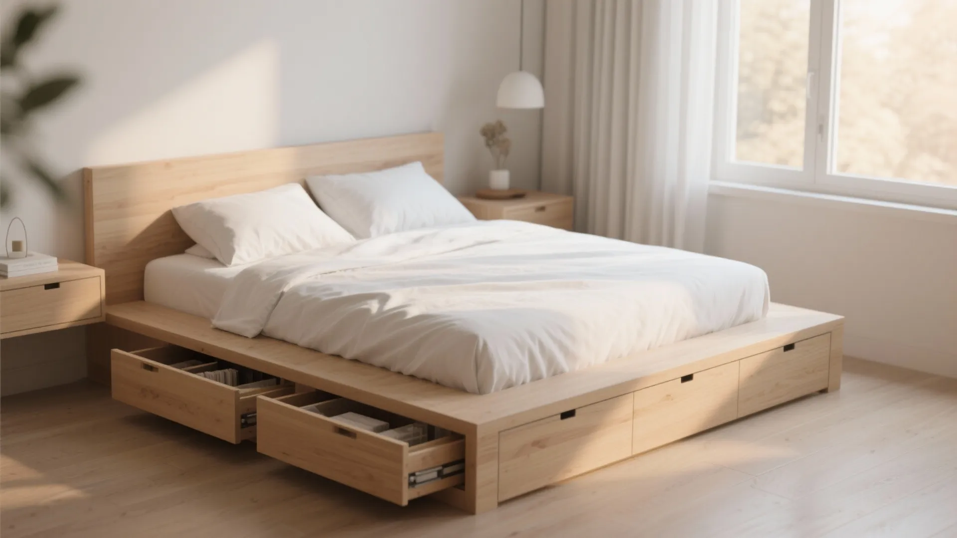 Modern light wood platform bed with open storage drawers, white bedding, and matching bedside table
