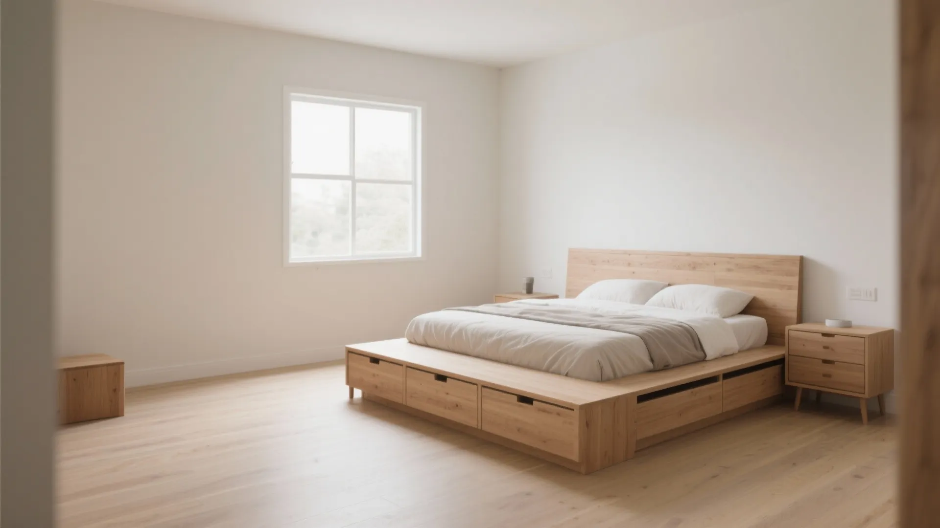 Simple wooden bed frame with built in storage drawers matching nightstand white walls and window