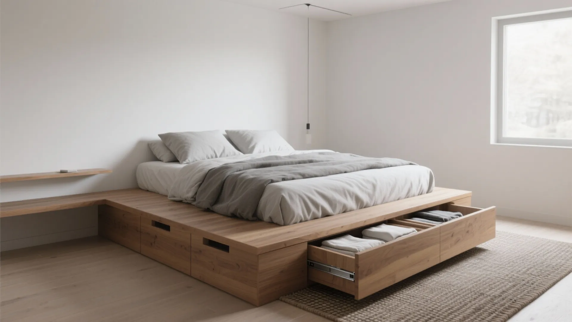 1. Low platform bed with integrated storage