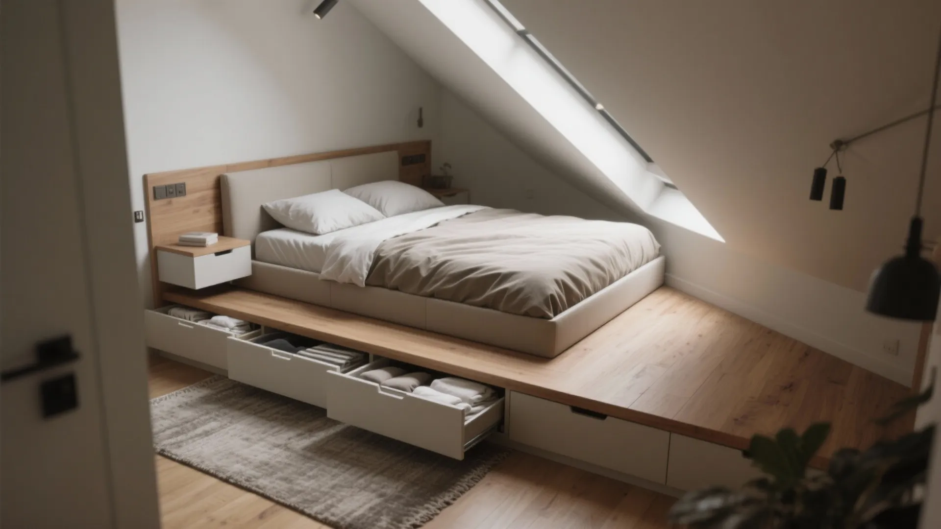 Attic bedroom featuring platform bed with storage drawers wooden floor roof window and minimalist light fixture