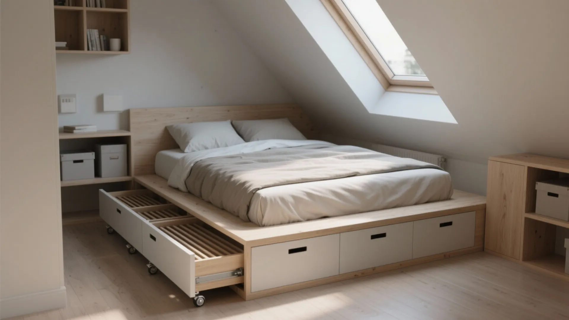 Modern wooden platform bed with white pull out storage drawers in a sunny attic bedroom