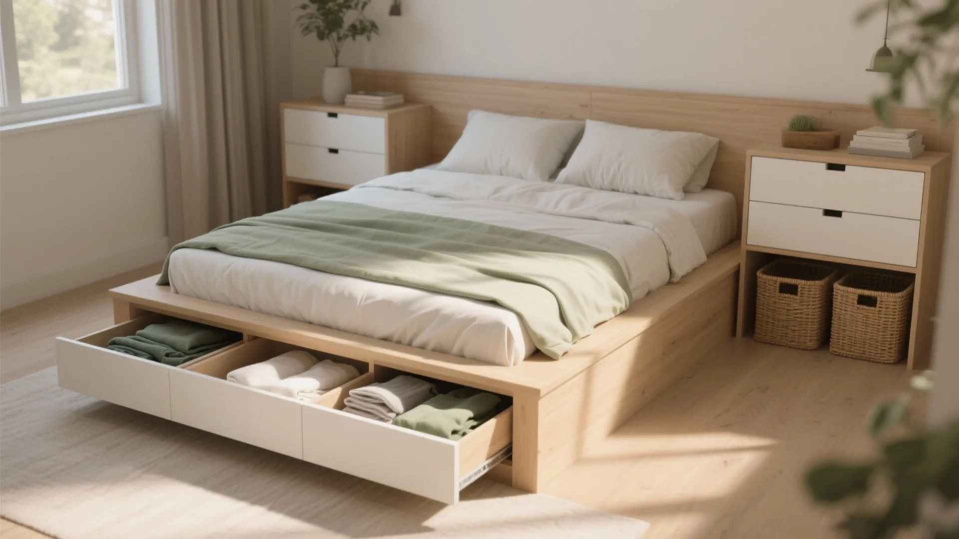 Platform bed with built-in drawers storing linens and clothing in a compact bedroom.