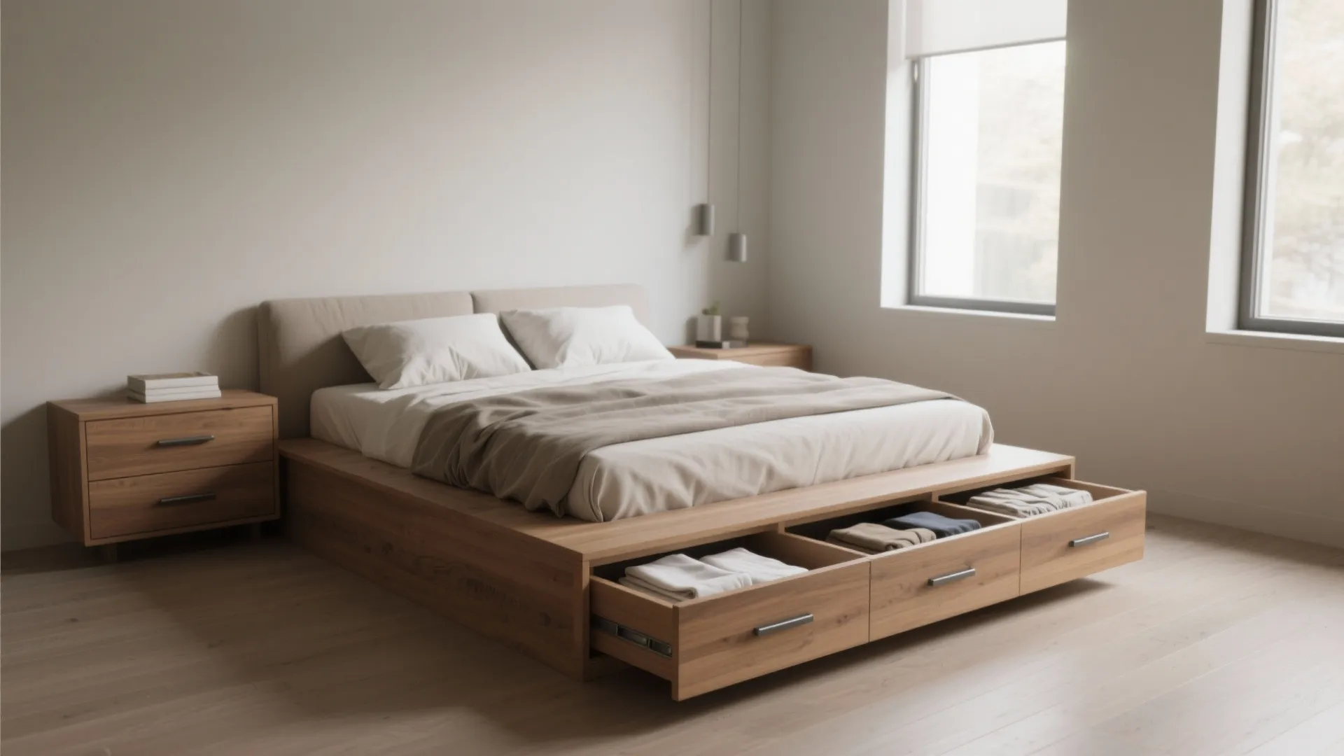 Wooden platform bed with open storage drawers containing folded clothes in a modern bright bedroom