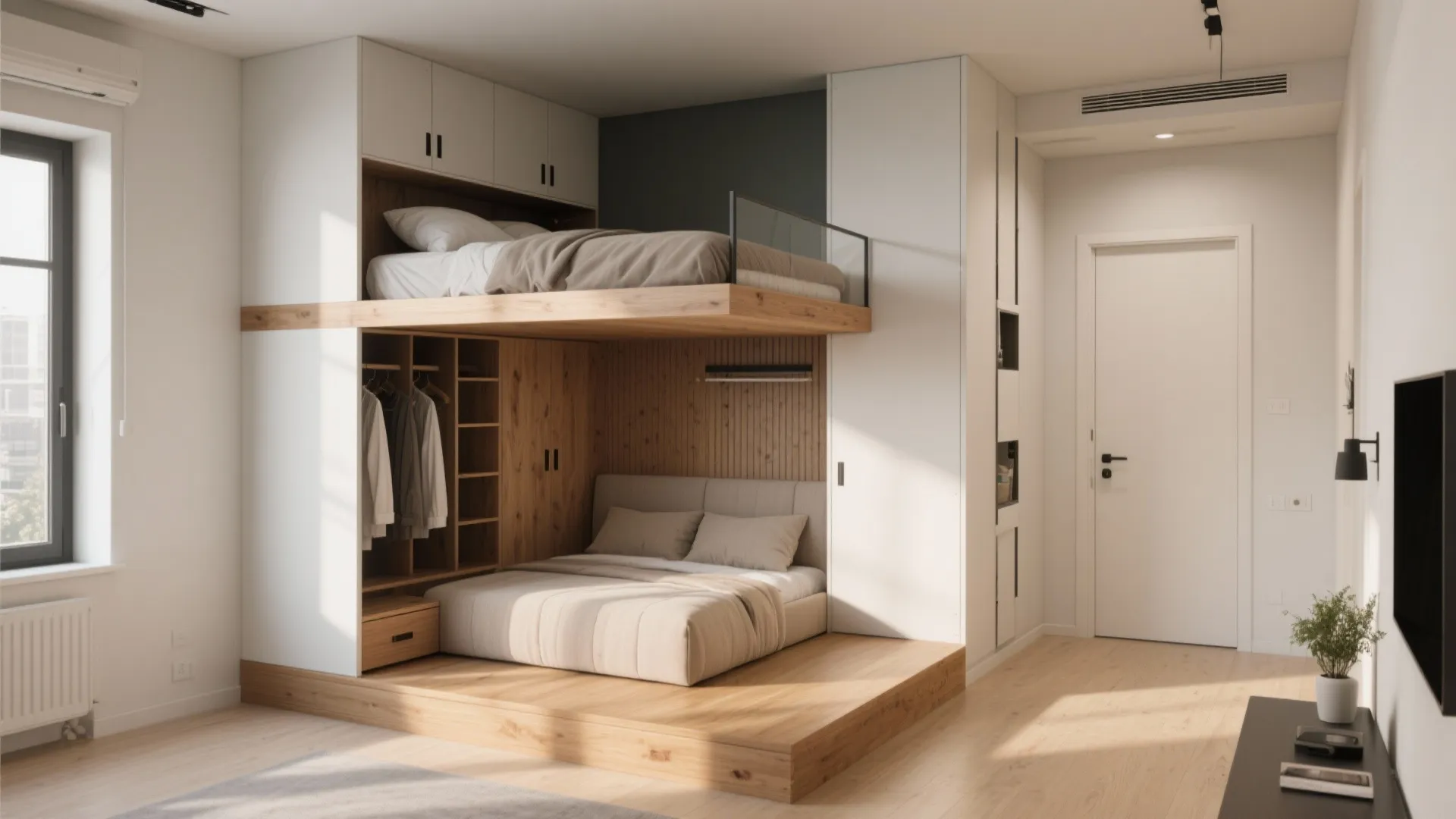 3. Elevated Platform Bed with Built-In Cupboards