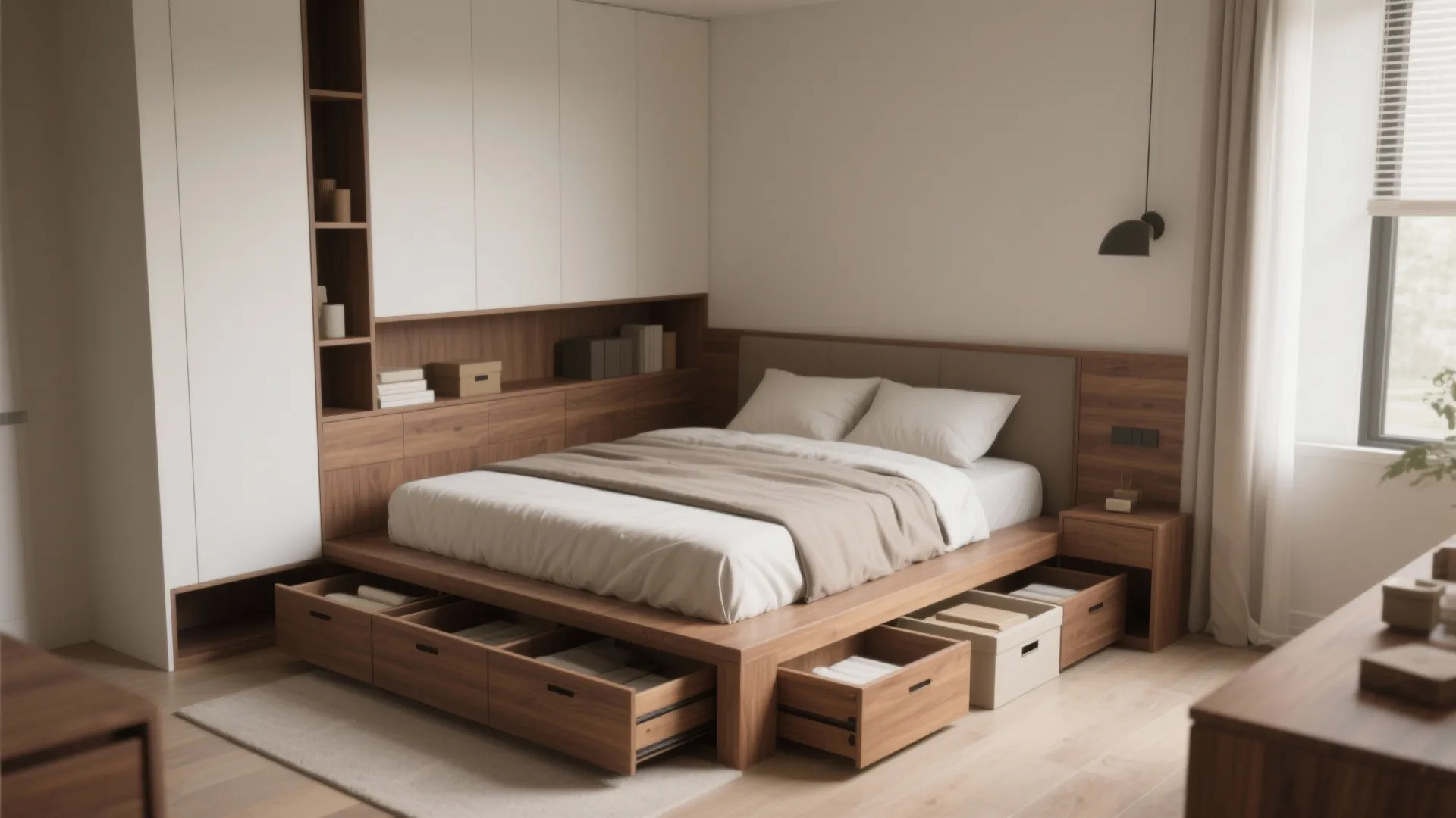 Low platform bed with integrated drawers and hidden shelves in a compact bedroom.