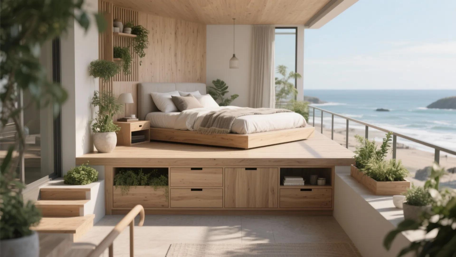 Elevated platform bed with built-in storage and planter boxes creating a green edge on a balcony extension.