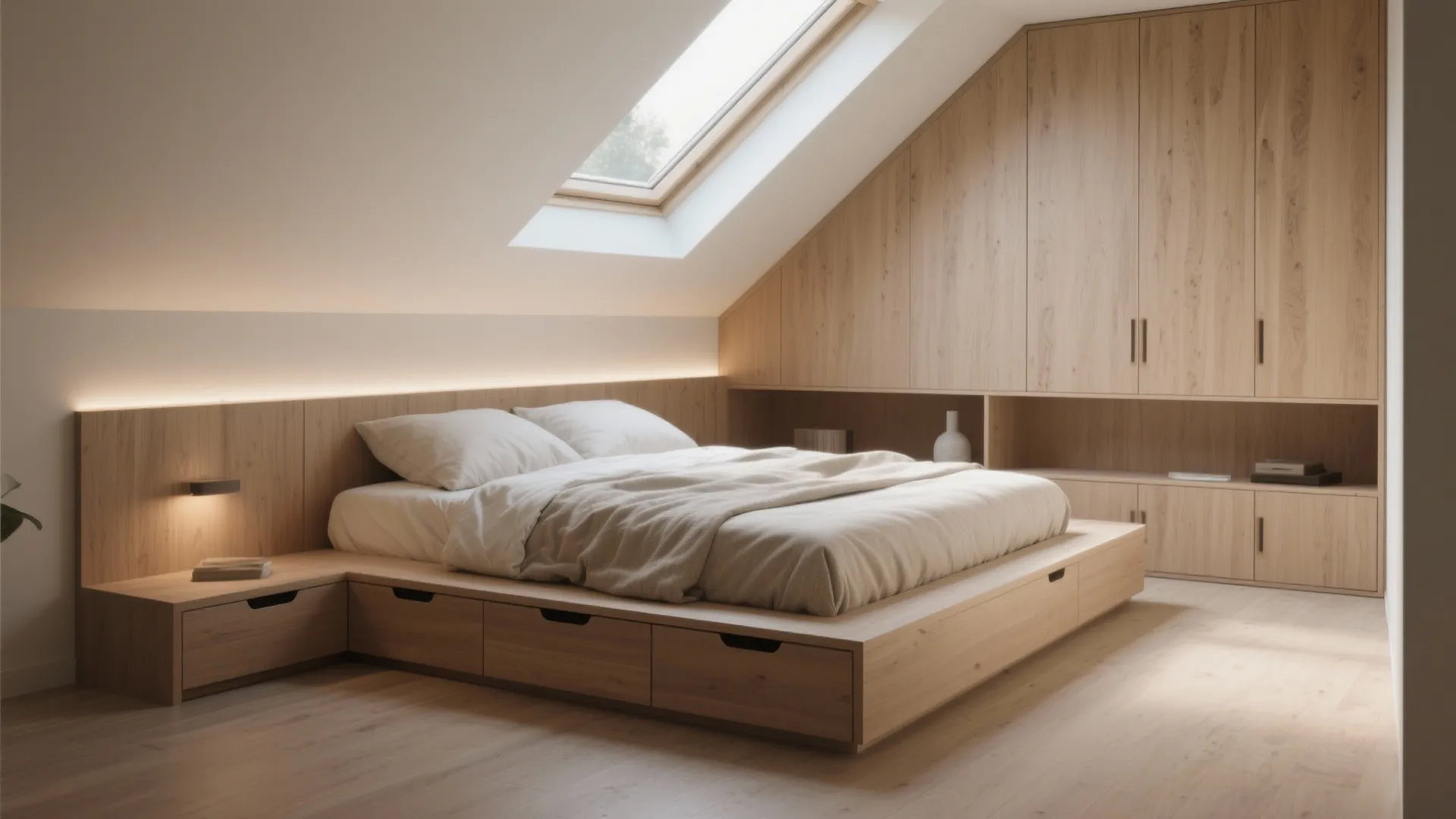 Custom low platform bed following sloped ceiling with under-bed drawers and raised headboard uplighting.