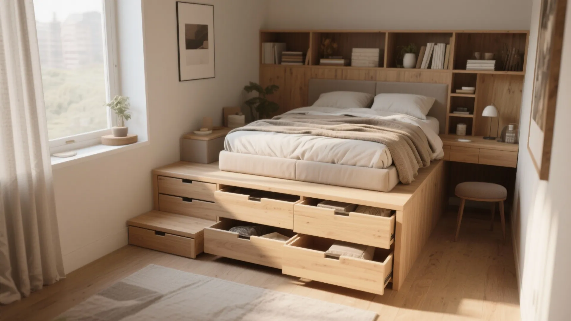 Modern wooden platform bed with integrated storage drawers and built-in bookshelf in a bright bedroom