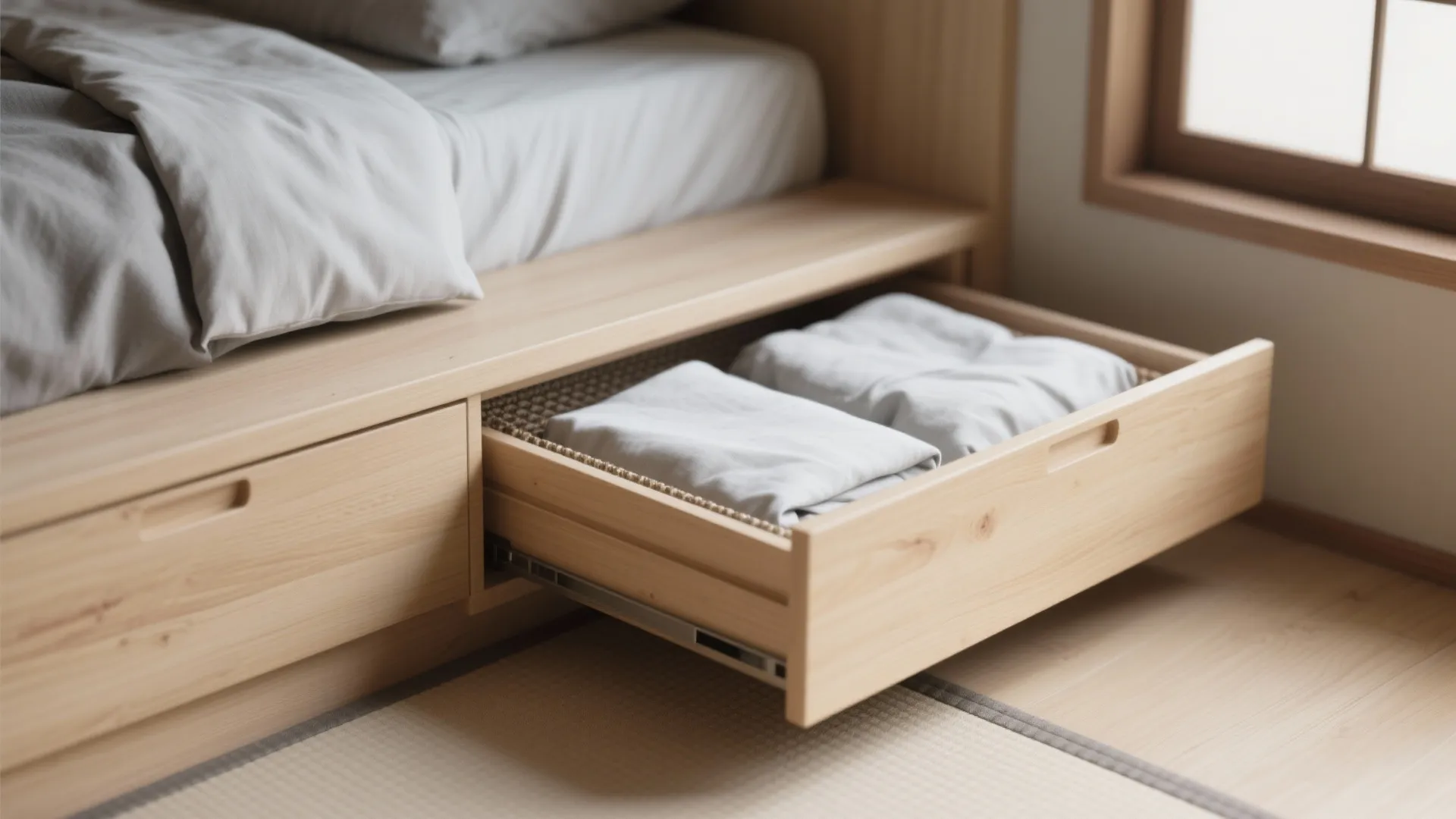 Low wooden platform bed with built-in drawers and linen bedding in neutral tones