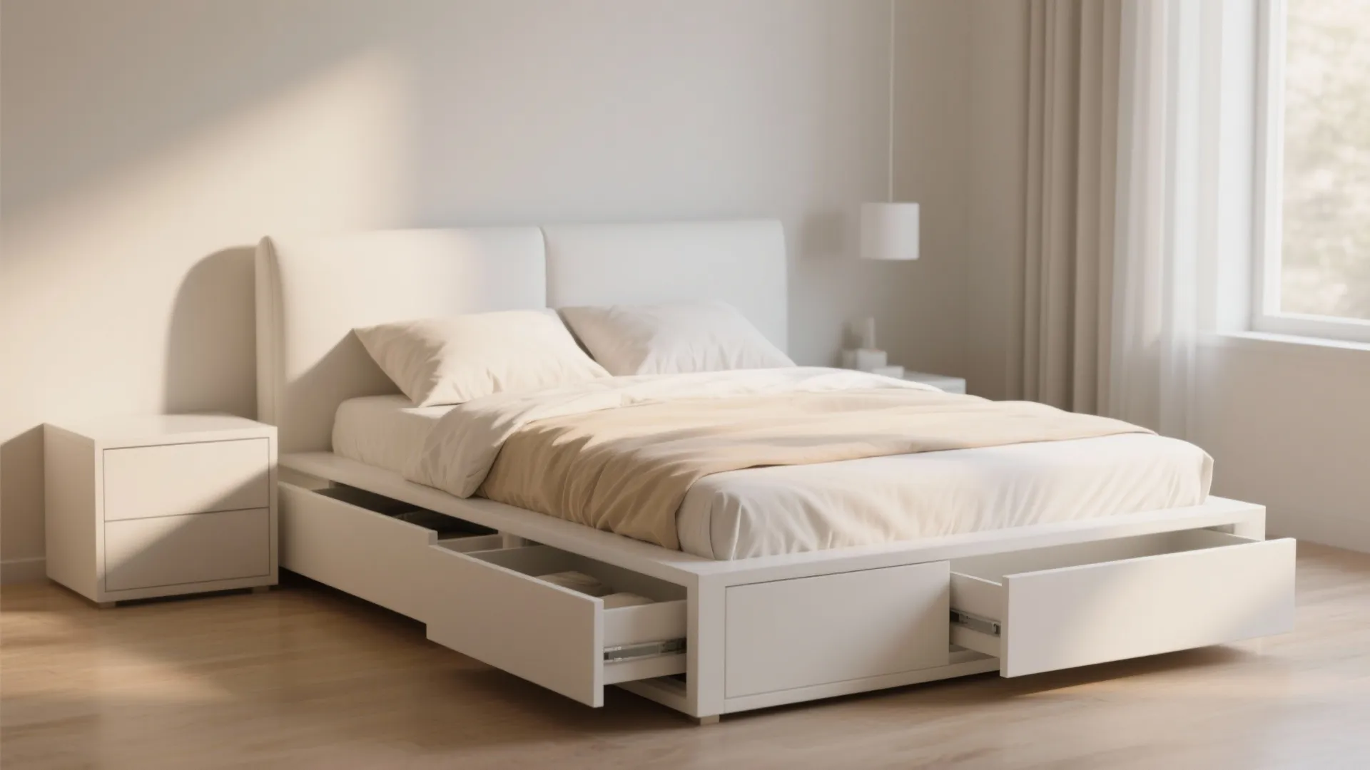 2. White platform bed with integrated storage