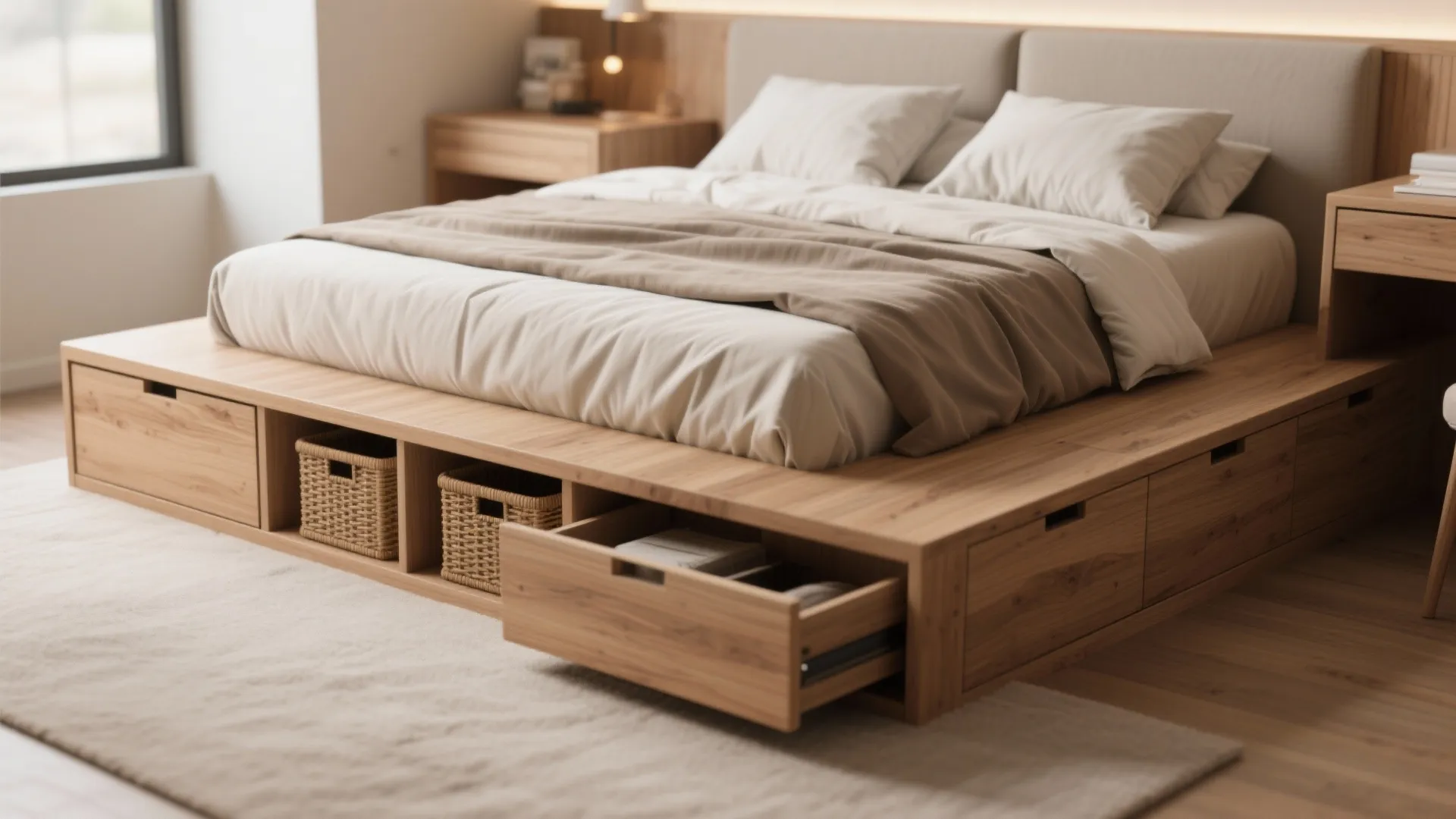 Raised platform bed with integrated drawers and a tucked pull-out desk beneath, warm wood and neutral textiles.