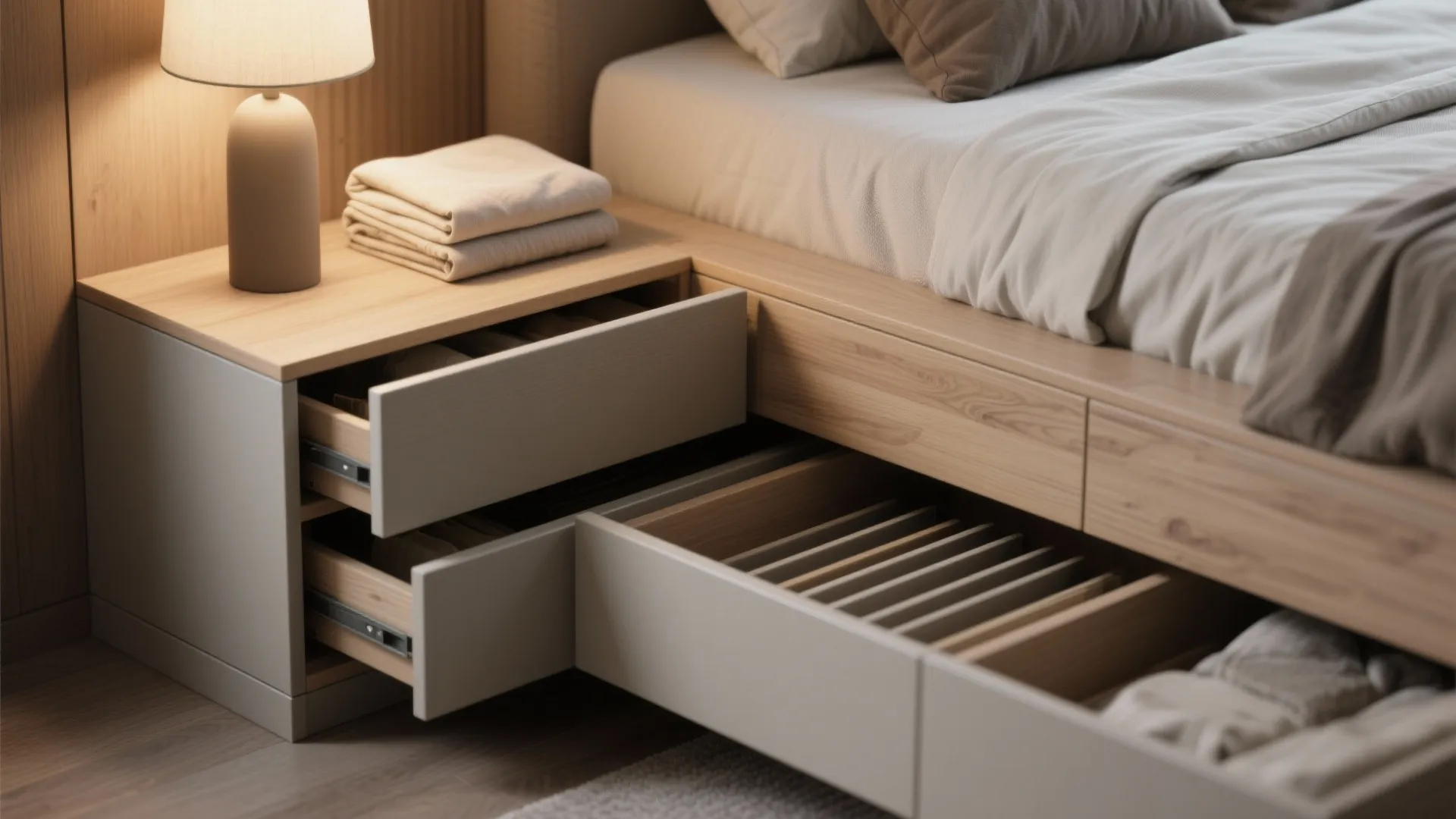 Close up of wooden platform bed with open storage drawers showing clothes and folded towels