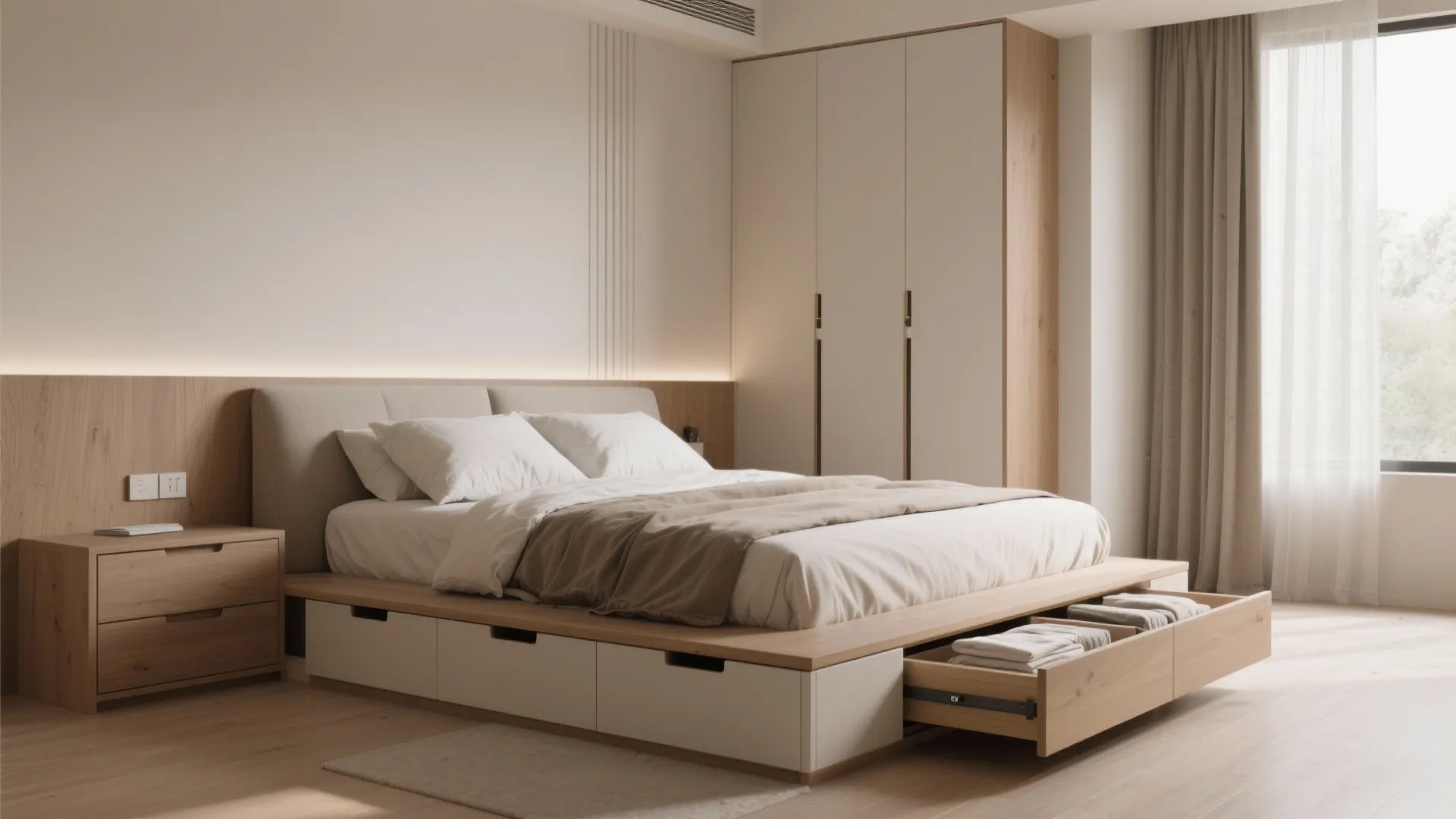 Bedroom with platform bed featuring built-in drawers and a slim wardrobe