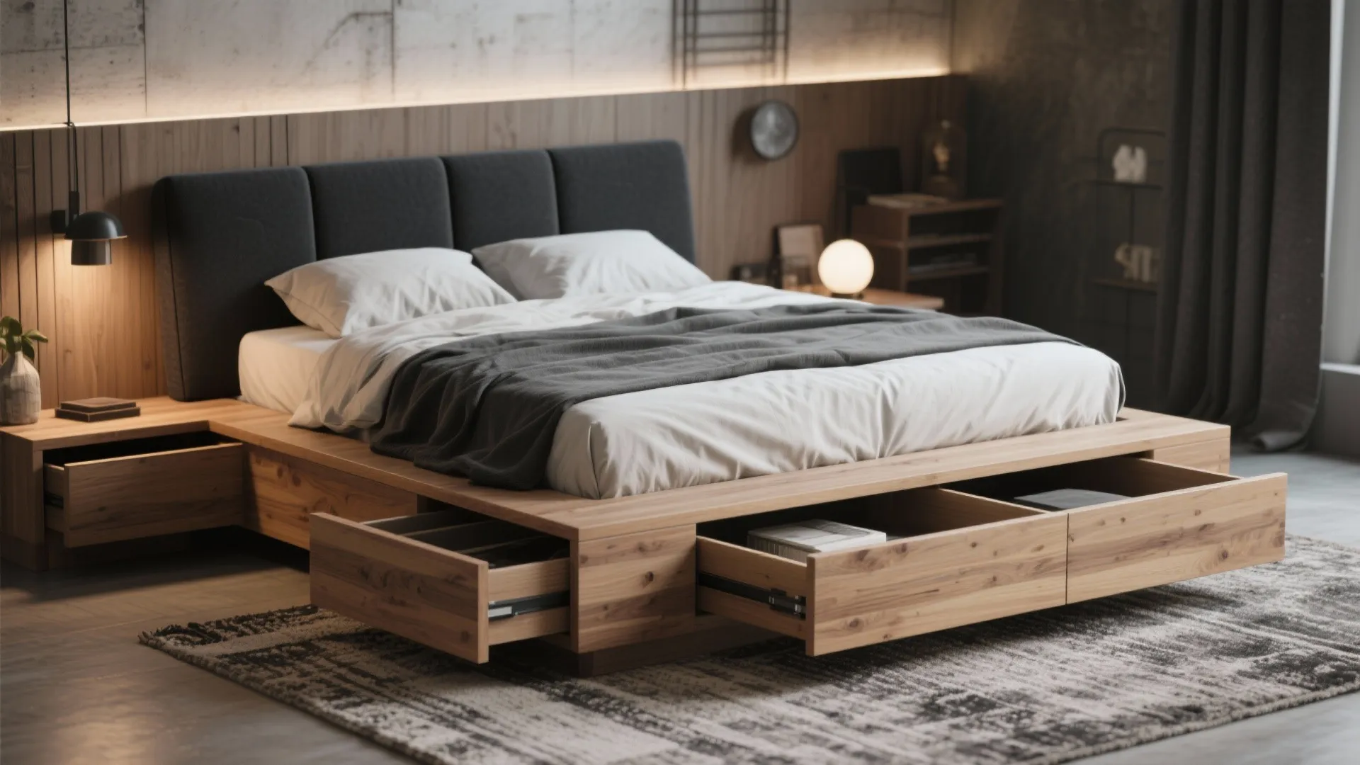 Low wood platform bed with under-bed drawers and a narrow black upholstered headboard in a neutral bedroom