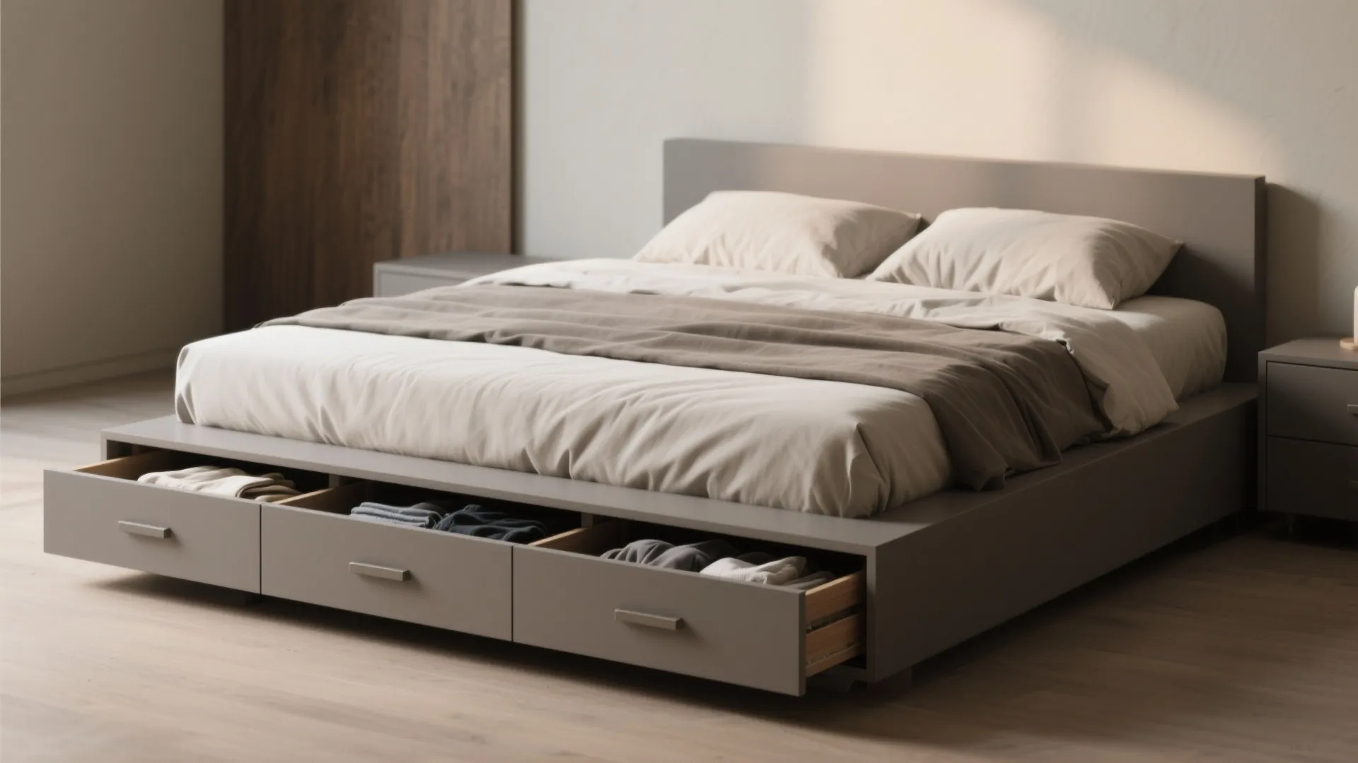 1. Low-profile platform bed with integrated storage