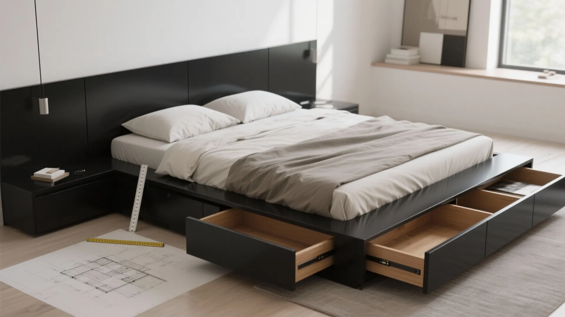 1. Low-profile platform bed with integrated storage