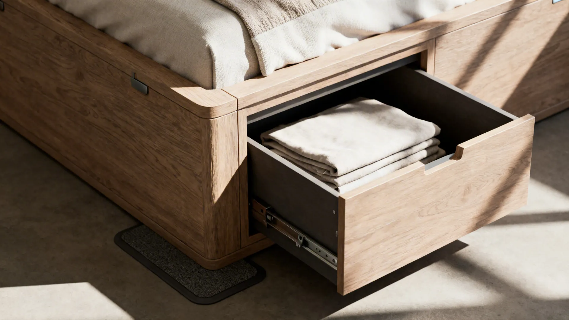 Close-up of a platform bed with built-in under-bed drawers and linen storage.