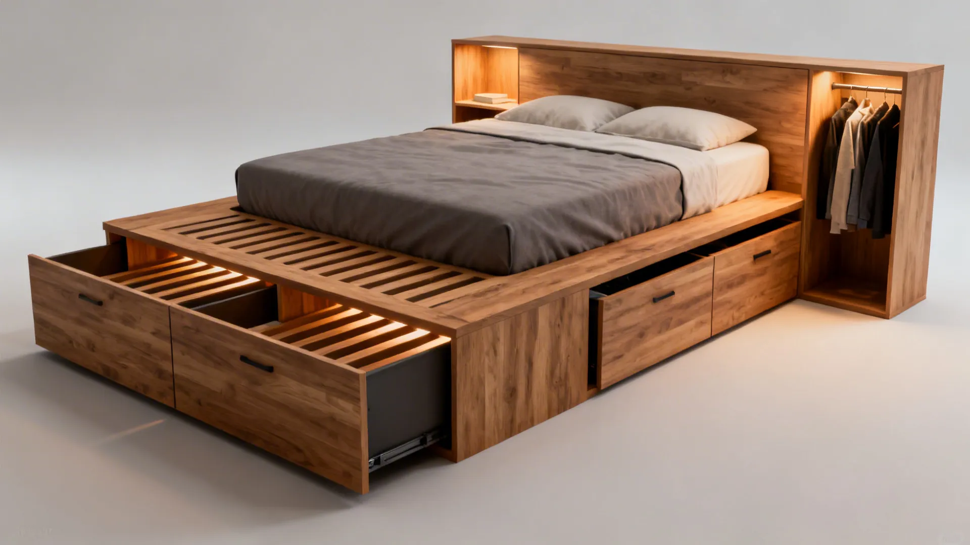 Raised platform bed with integrated drawers and cubbies for efficient storage.