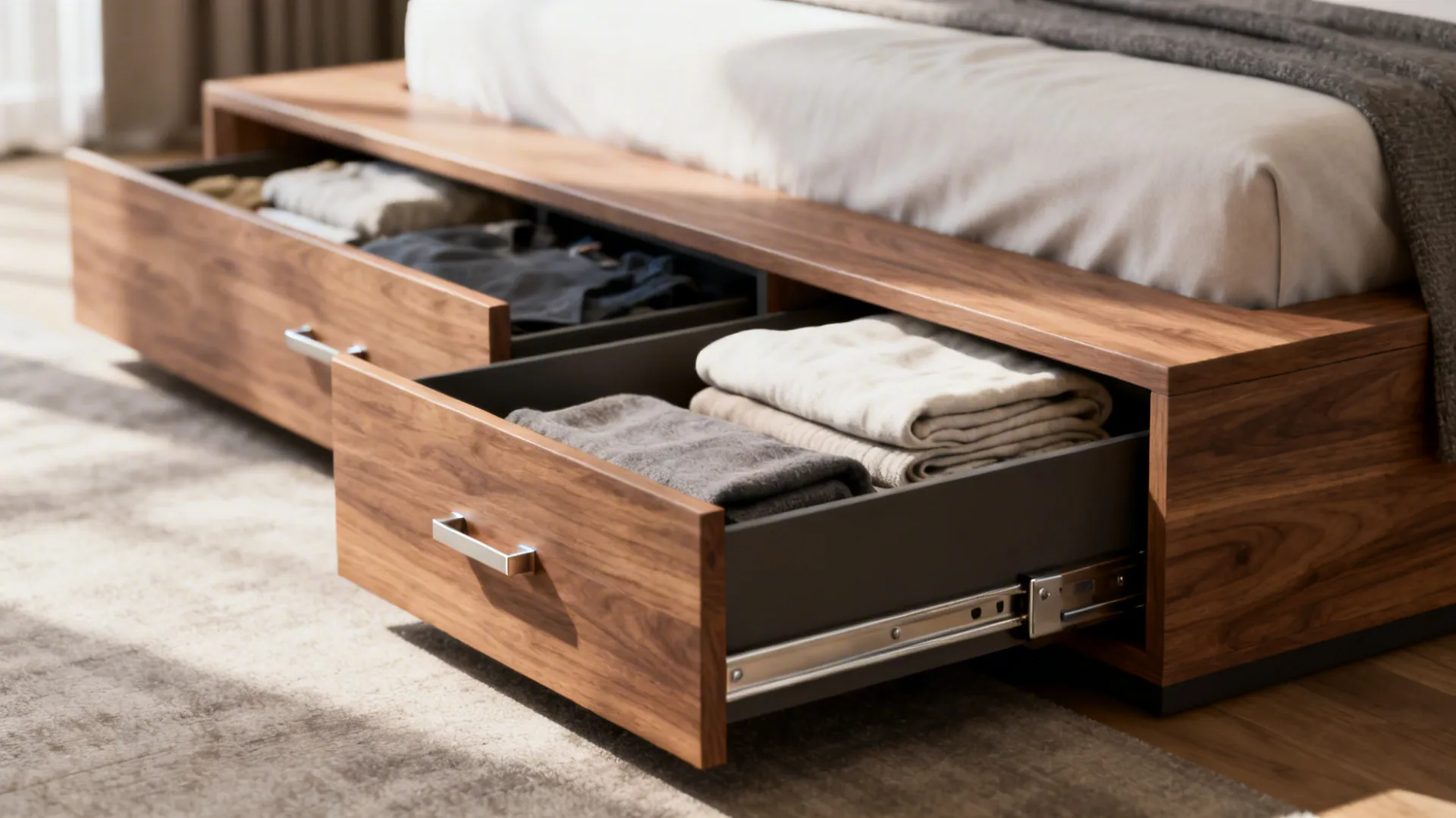 Close-up of a platform bed drawer with neatly stored linens and wood texture