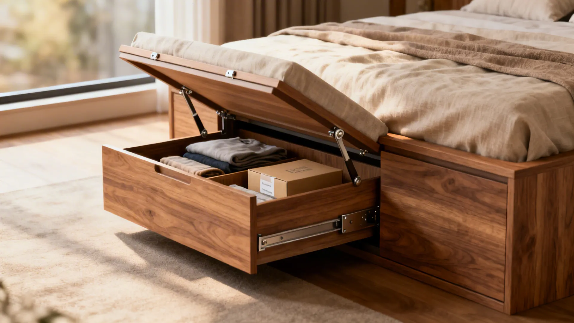 Close-up of platform bed showing lift-up storage and organized drawers in light wood.