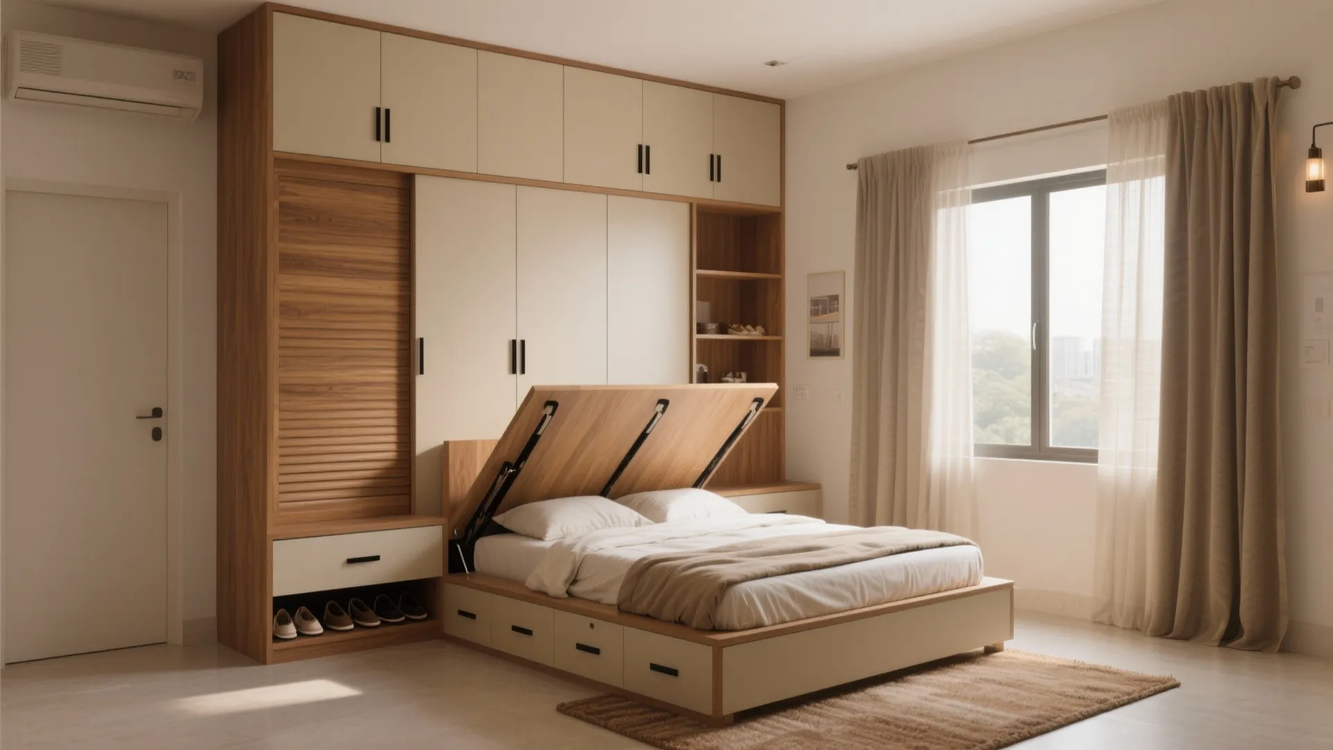 Built-in storage walls and a platform bed that hides more