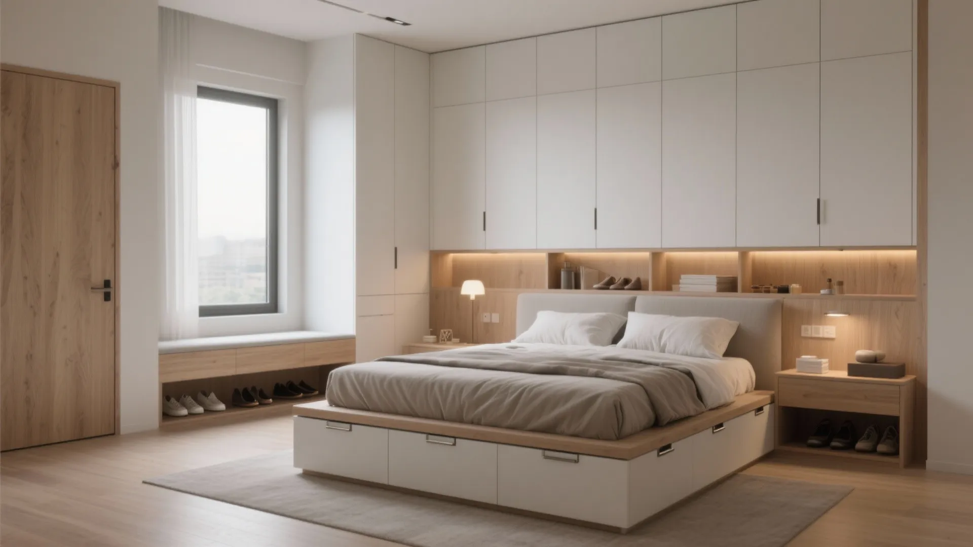 Platform bed with built-in storage wall