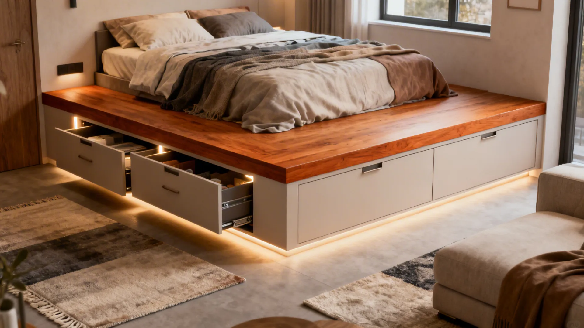 Modern platform bed with wooden top and white storage drawers featuring integrated lighting in a bedroom