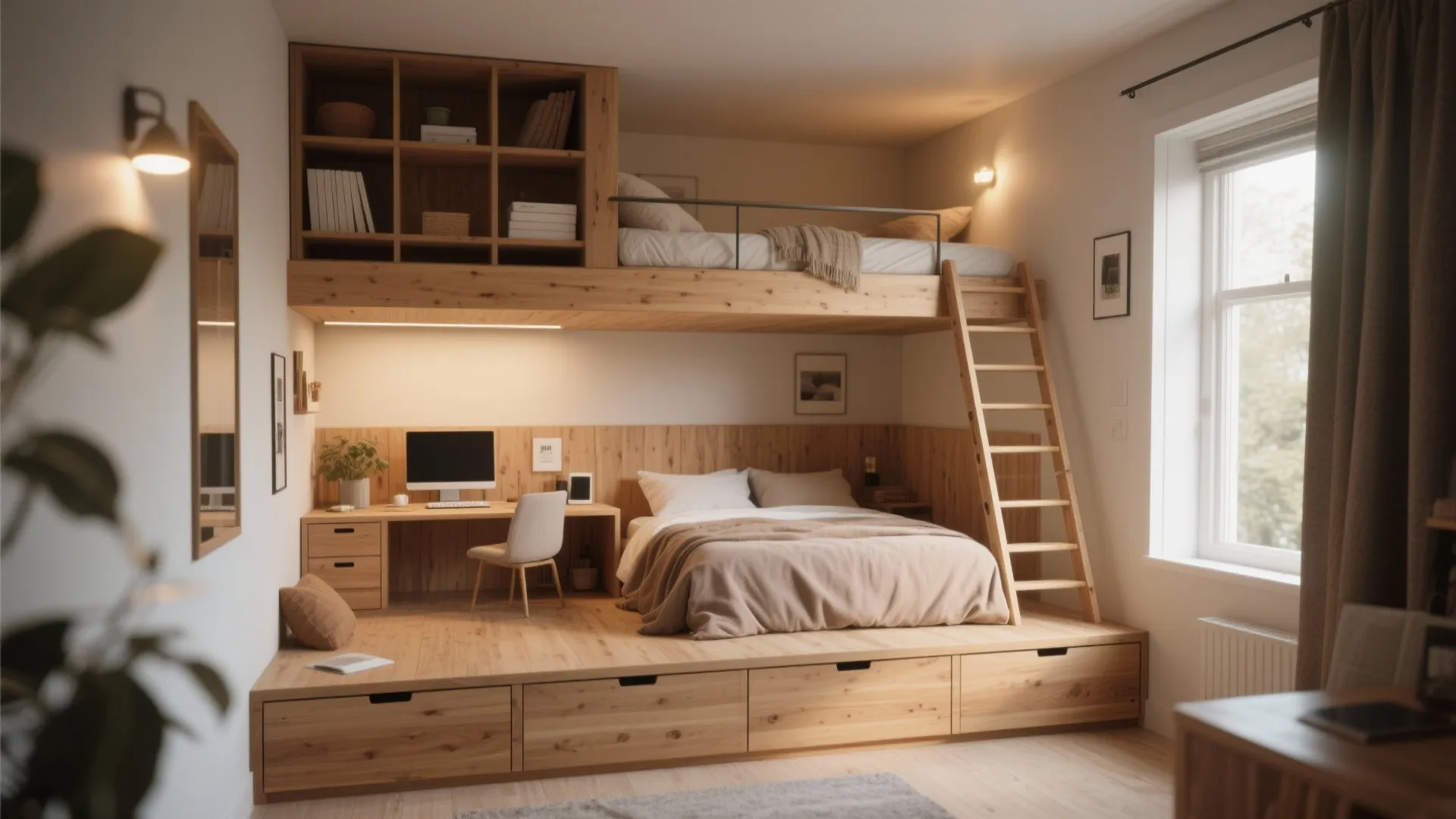Lofted storage and raised platform bedroom