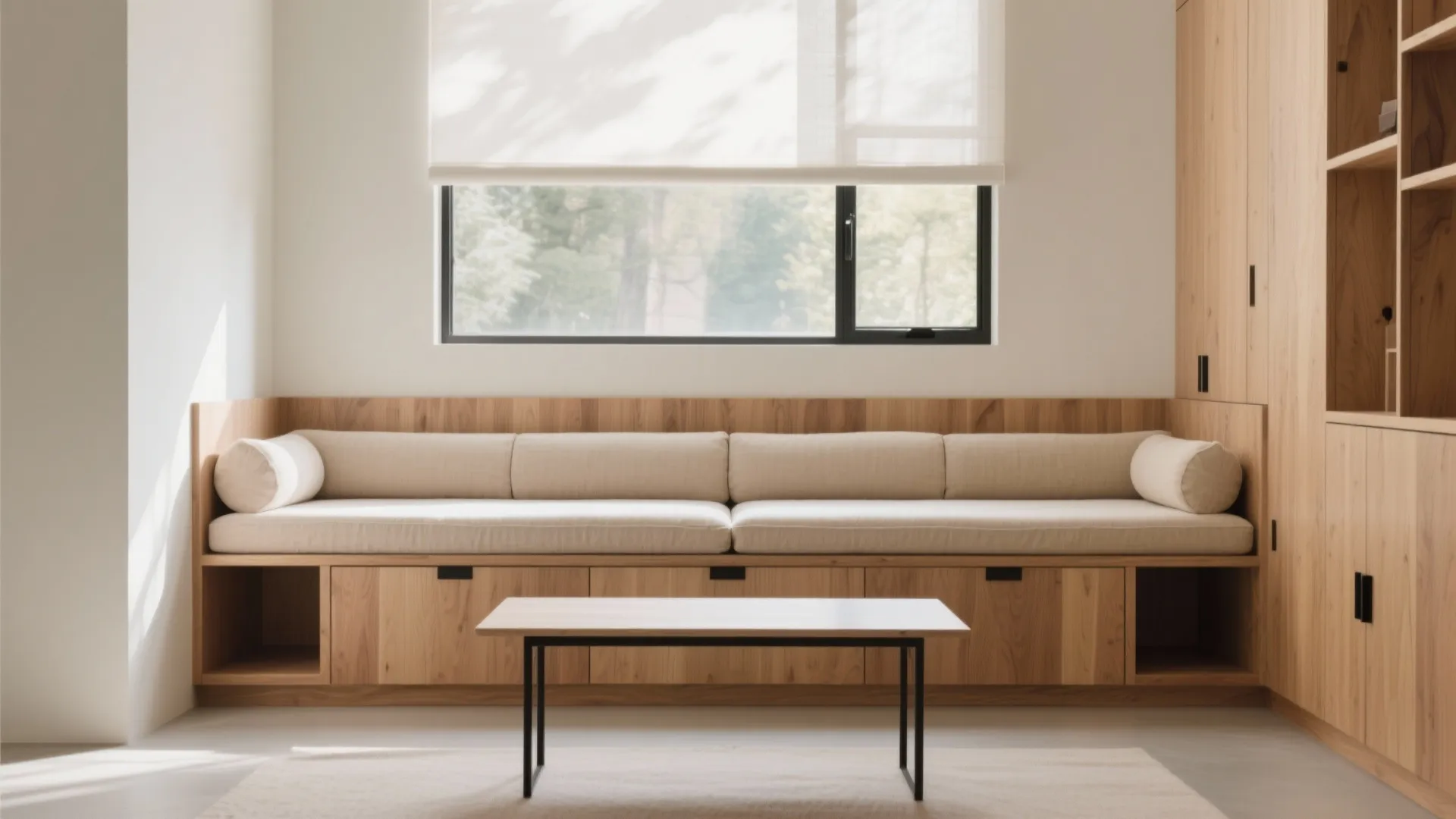 Built-in platform bench with deep cushions