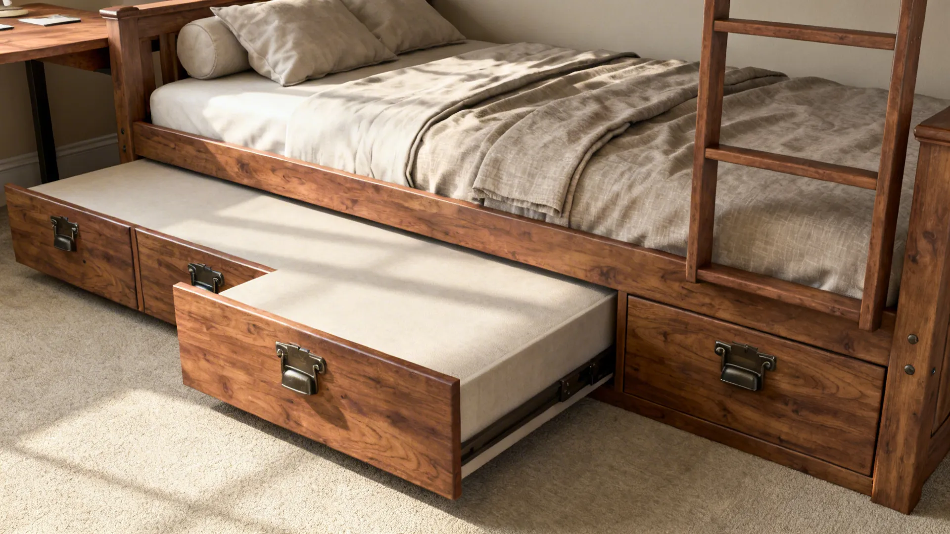Top-down view of platform bunk features: drawers and pull-out desk in warm wood tones