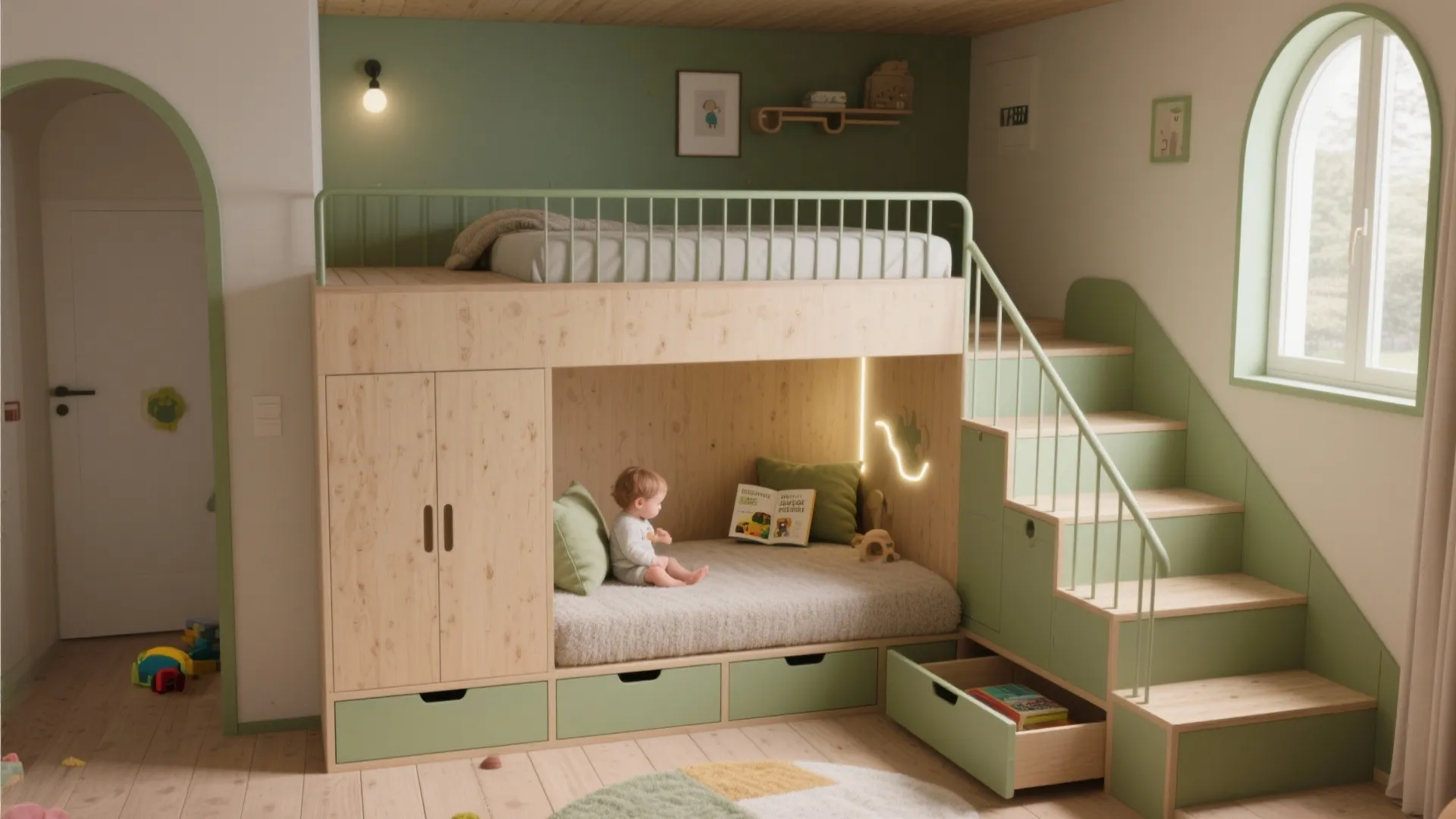 5. Platform Bunks with Built-In Play or Seating Area