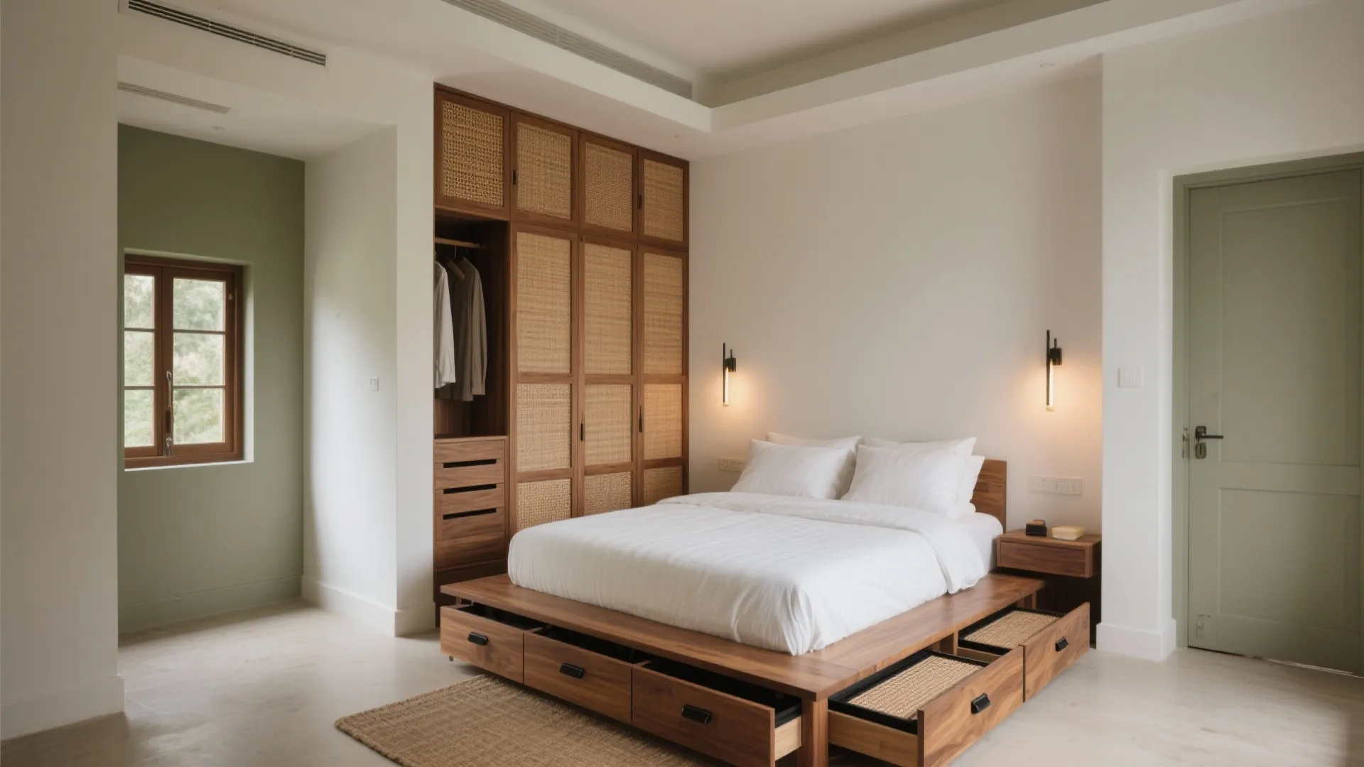 3) Platform Bed + Full-Height Wardrobes (With Breathable Fronts)