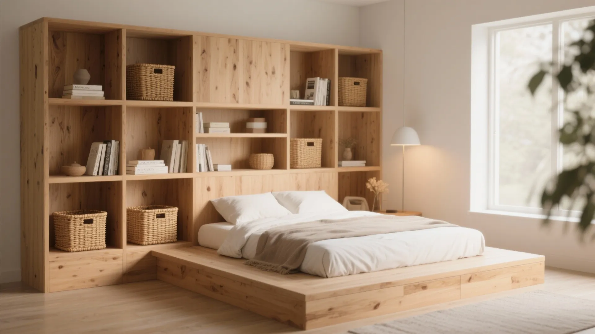 Minimalist wooden bed with large headboard shelving unit containing books and woven storage baskets next