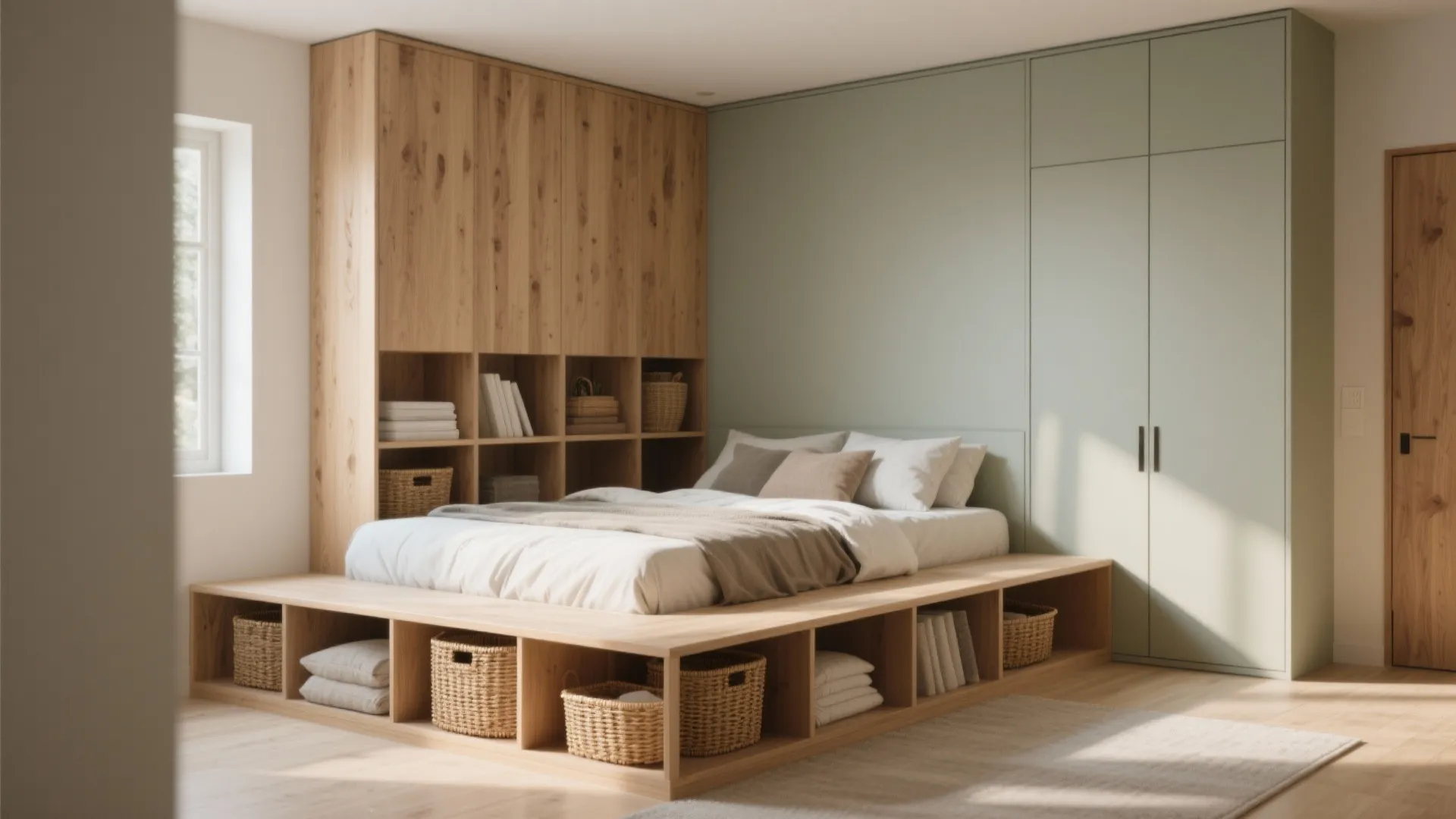 3. Platform with open cubbies and shelving