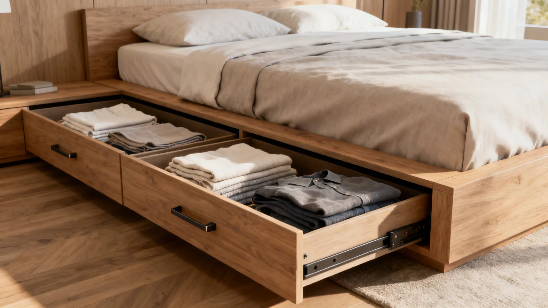 Platform bed with full-length deep drawers storing linens and clothes in a small bedroom