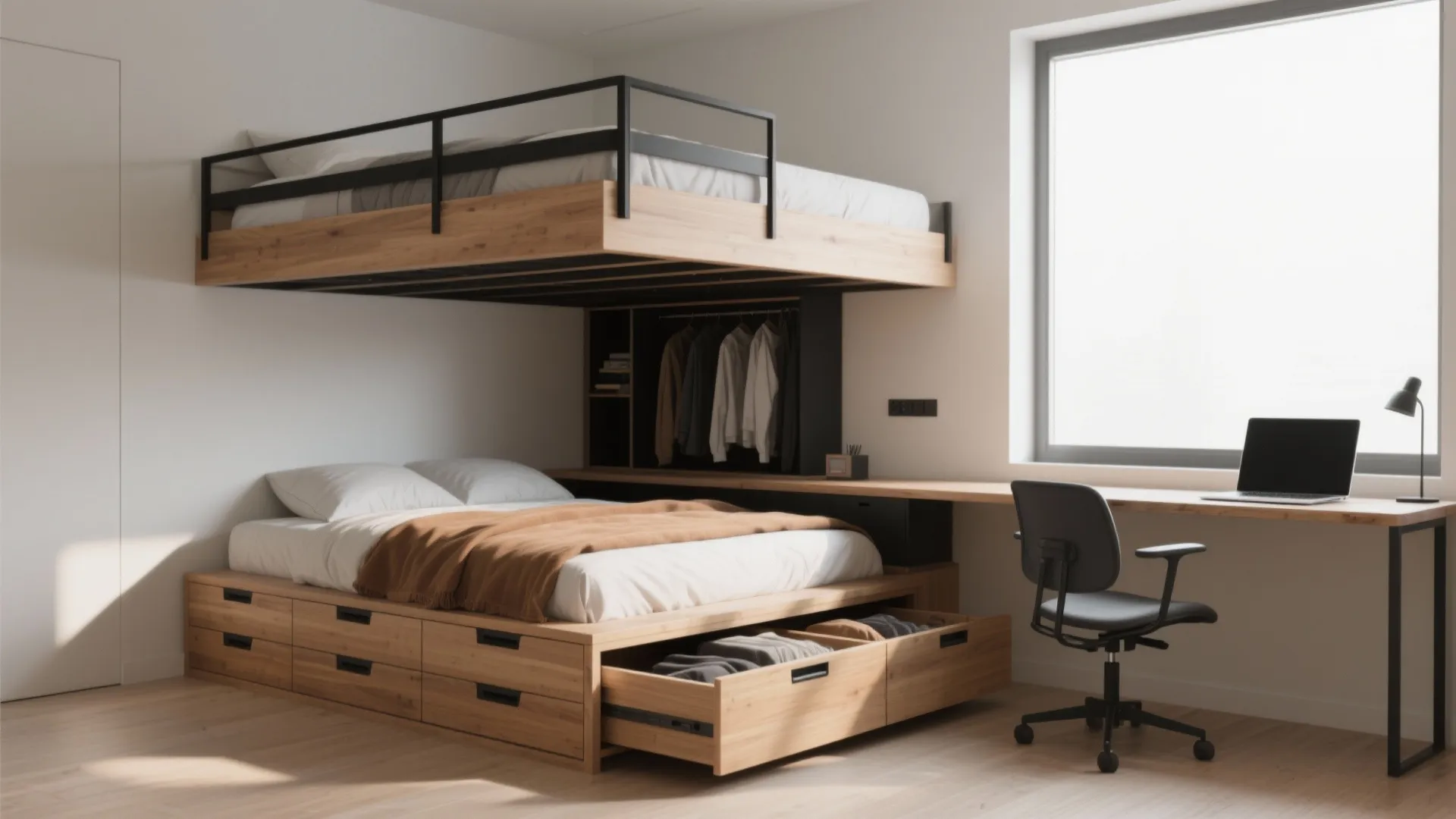 Modern wooden platform bed with storage drawers integrated desk laptop chair and large bright window