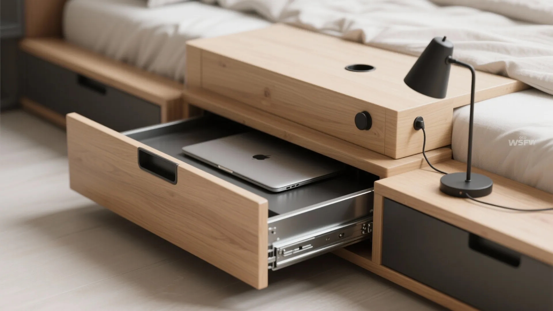 3. Platform Bed with Integrated Desk Drawer