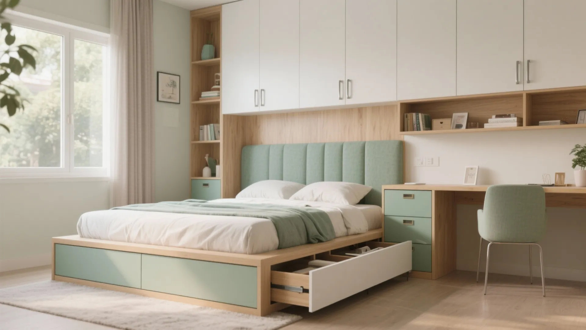 Bedroom that works hard: platform storage and a fold-down desk