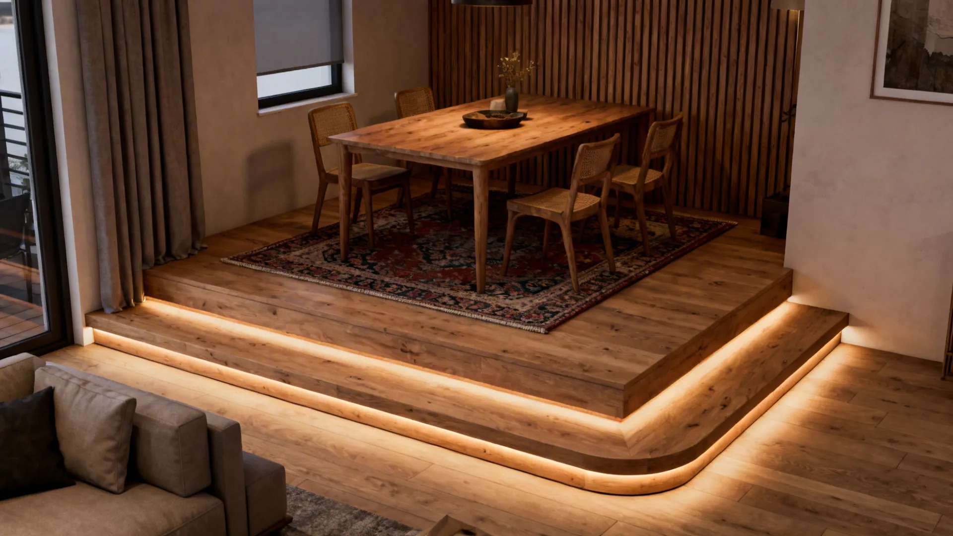 Raised dining nook on a subtle platform beside a lower living area with wood finishes and soft lighting