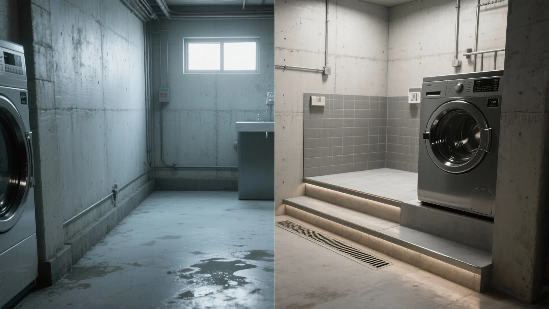 Before and after comparison of a laundry room renovation with new floor tiles and lighting